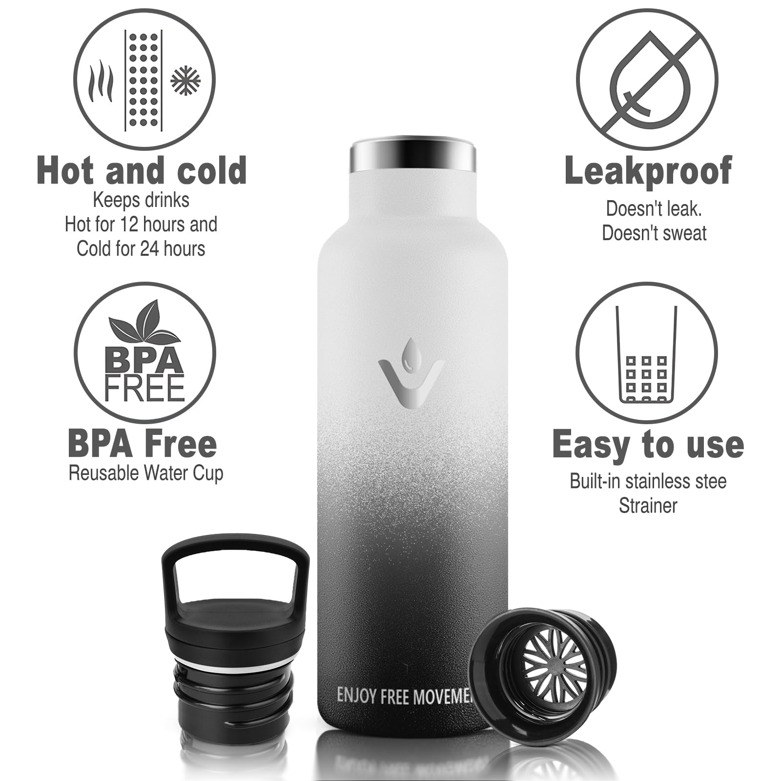 Vikaster Borracce termiche - Borraccia 1l, Borraccia acciaio inox, Borracce Senza Perdite, Borraccia con Cannuccia, Borraccia Termiche Sportiva, Adulto, Scuola, Outdoor