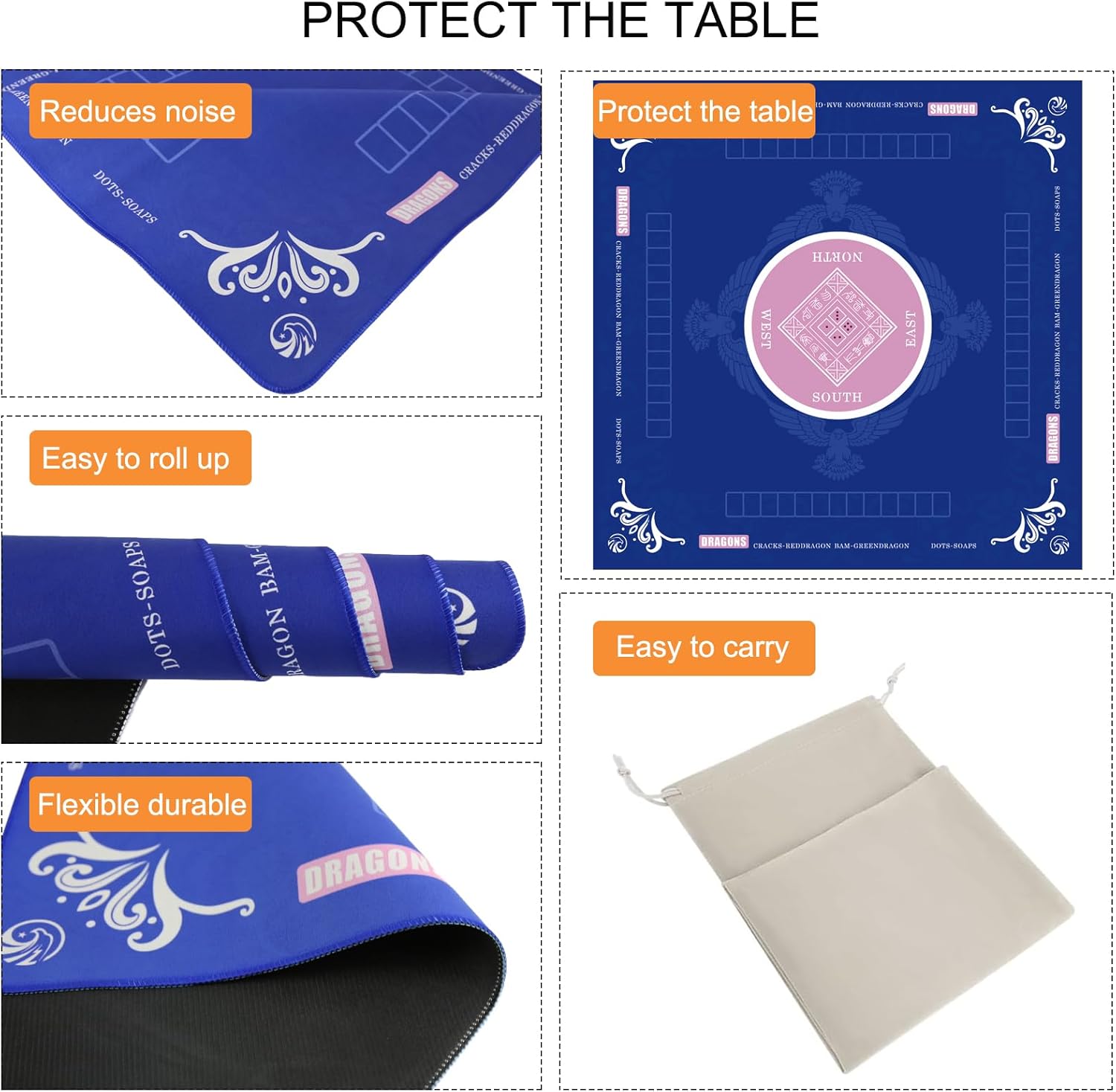 Mahjong Mat, Non-Slip Noise Reduction Card Game Mat with Carrying Bag, Waterproof Table Mat for Mahjong/Poker/Board Games/Dominoes, Blue, 32.4x32.4 Inch