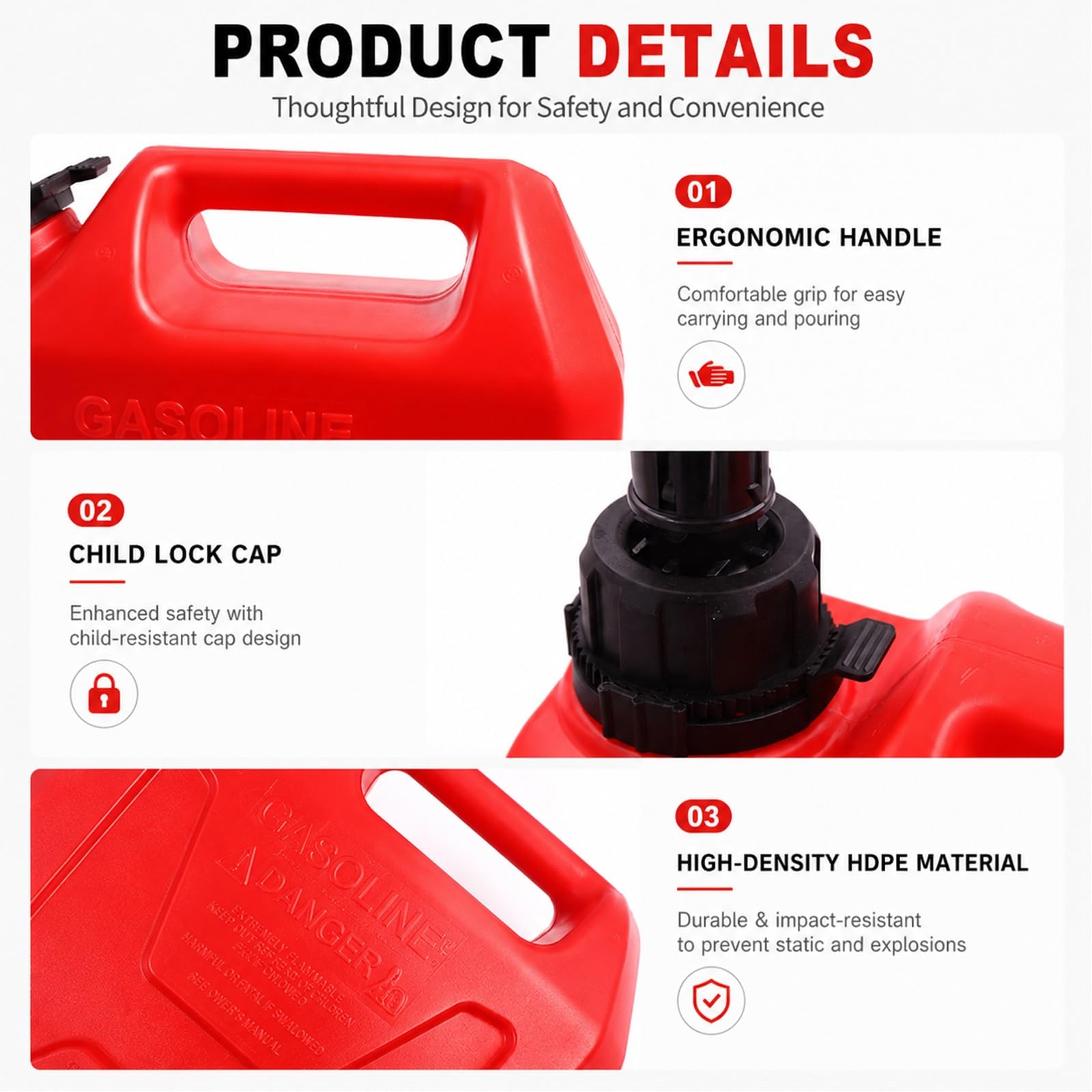Garrafa Gasolina, Bidón Gasolina de Plástico con Boquilla de Seguridad, Contenedor Antifugas para Coche, Cortacésped y Generador(Red,5L/1.3Gla)