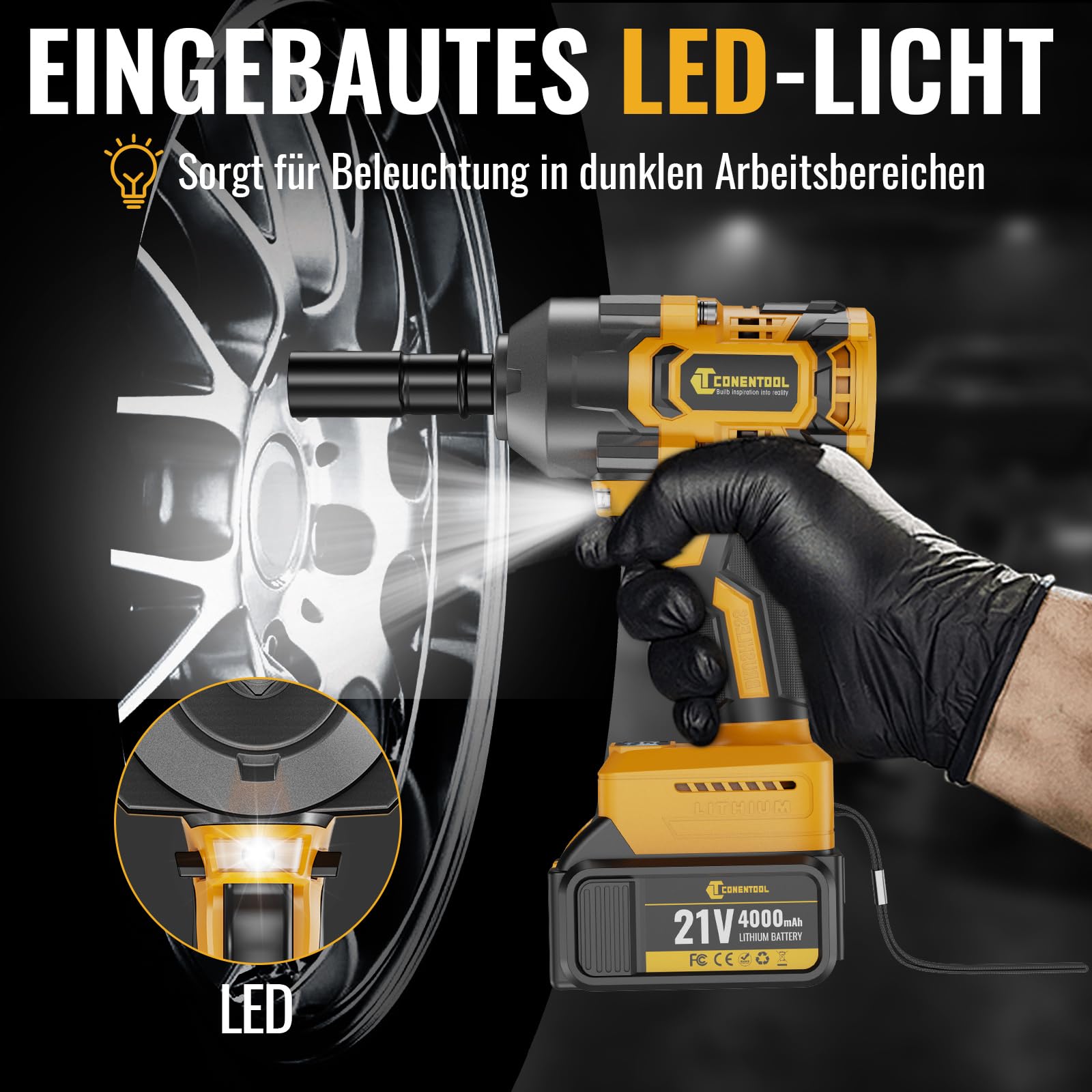 Conentool 1000N.m Akku-Schlagschrauber 21V mit 2 x 4,0 Ah Akkus, bürstenloser Motor, 1/2-Zoll-Schlagschrauber, Akku mit 5 Steckschlüsseln, Steckschlüssel