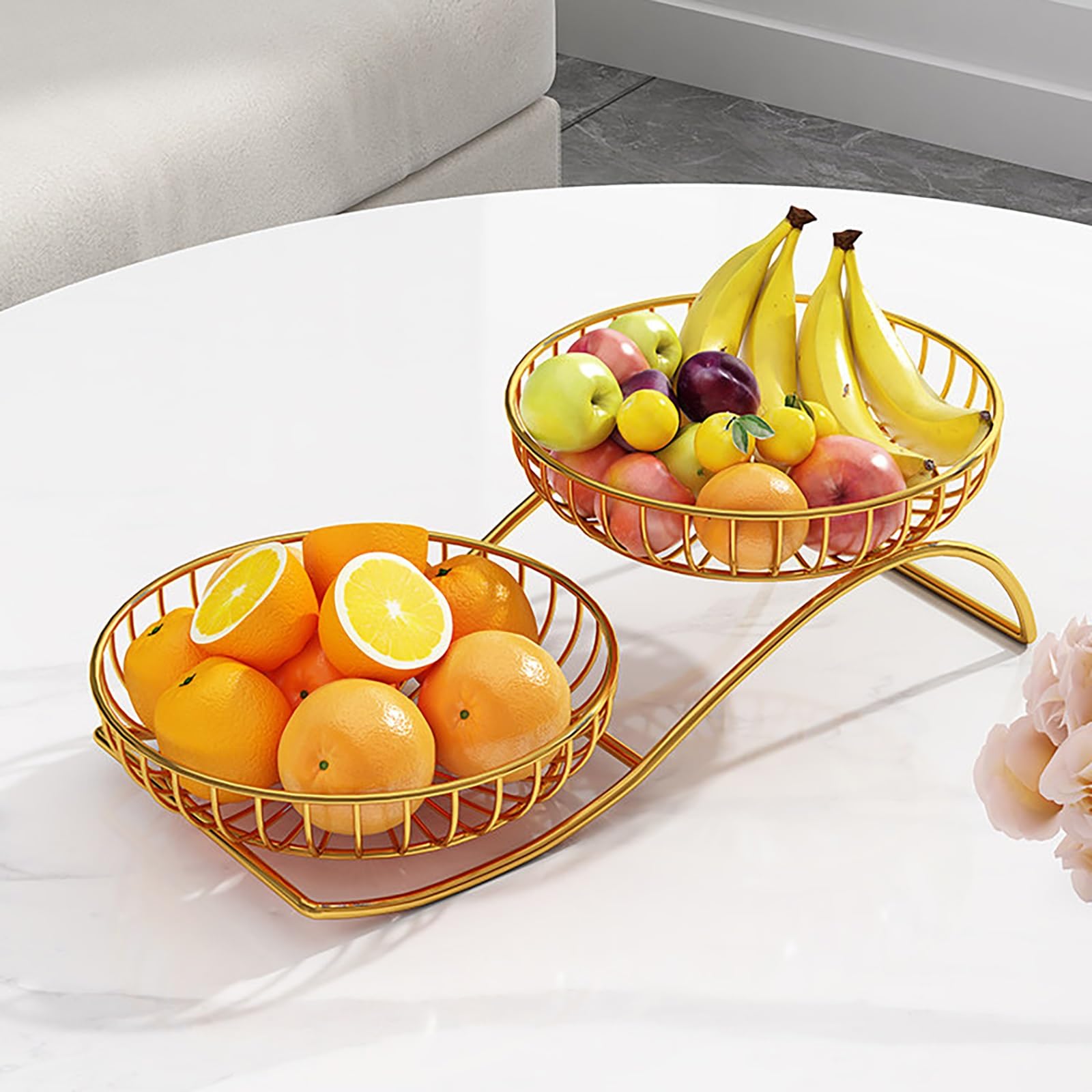 Fruteros de Cocina 2 Pisos, Estructura Soldada Sin Montaje para Encimera, Cesta de Frutas Metalica Negra para Almacenamiento de Patatas y Pan(Gold,49cm)