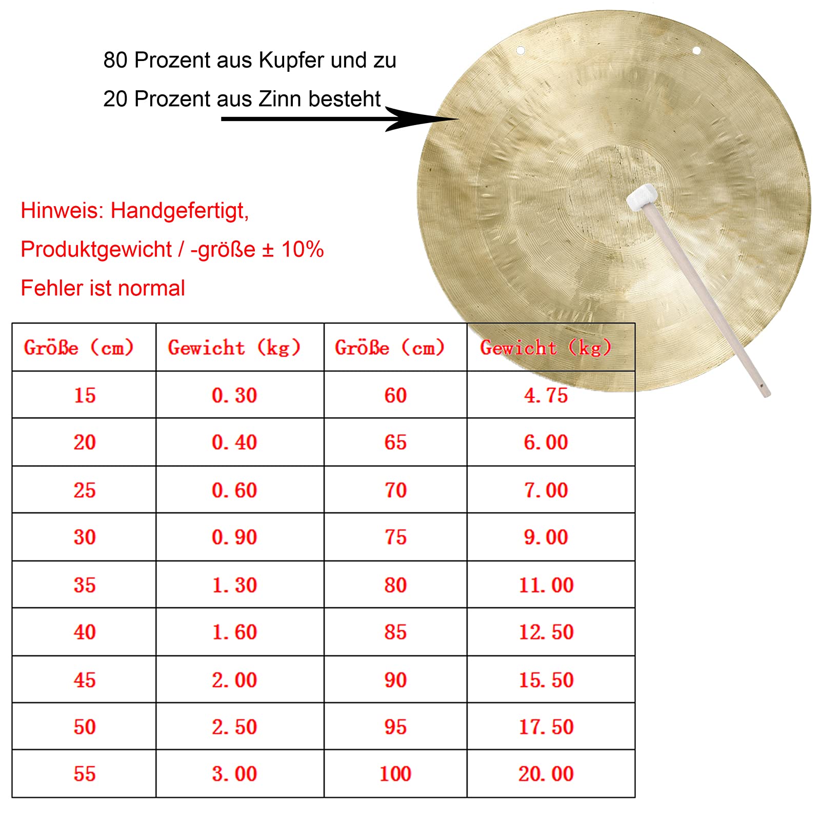Whood Chau Gong Chau Gong Feng Gong/Wind Gong, excelente Sonido, Incluidas bobinas de Madera/algodón,60cm