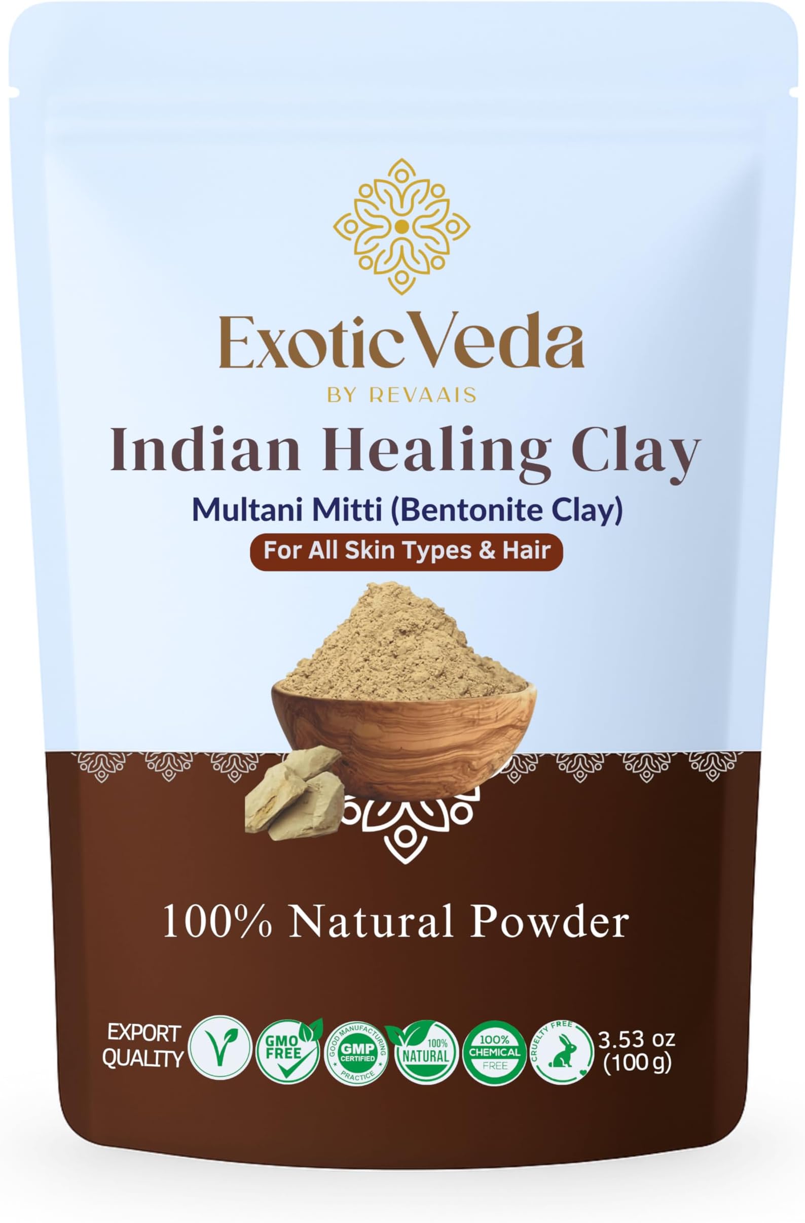 Multani Mitti Powder Fullers Earth Clay - 100% Pure Natural Indian Clay for Skin Cleansing - Suitable for All Skin Ideal for Face Masks and Body Scrubs | 100% Natural, Non-GMO (100g)