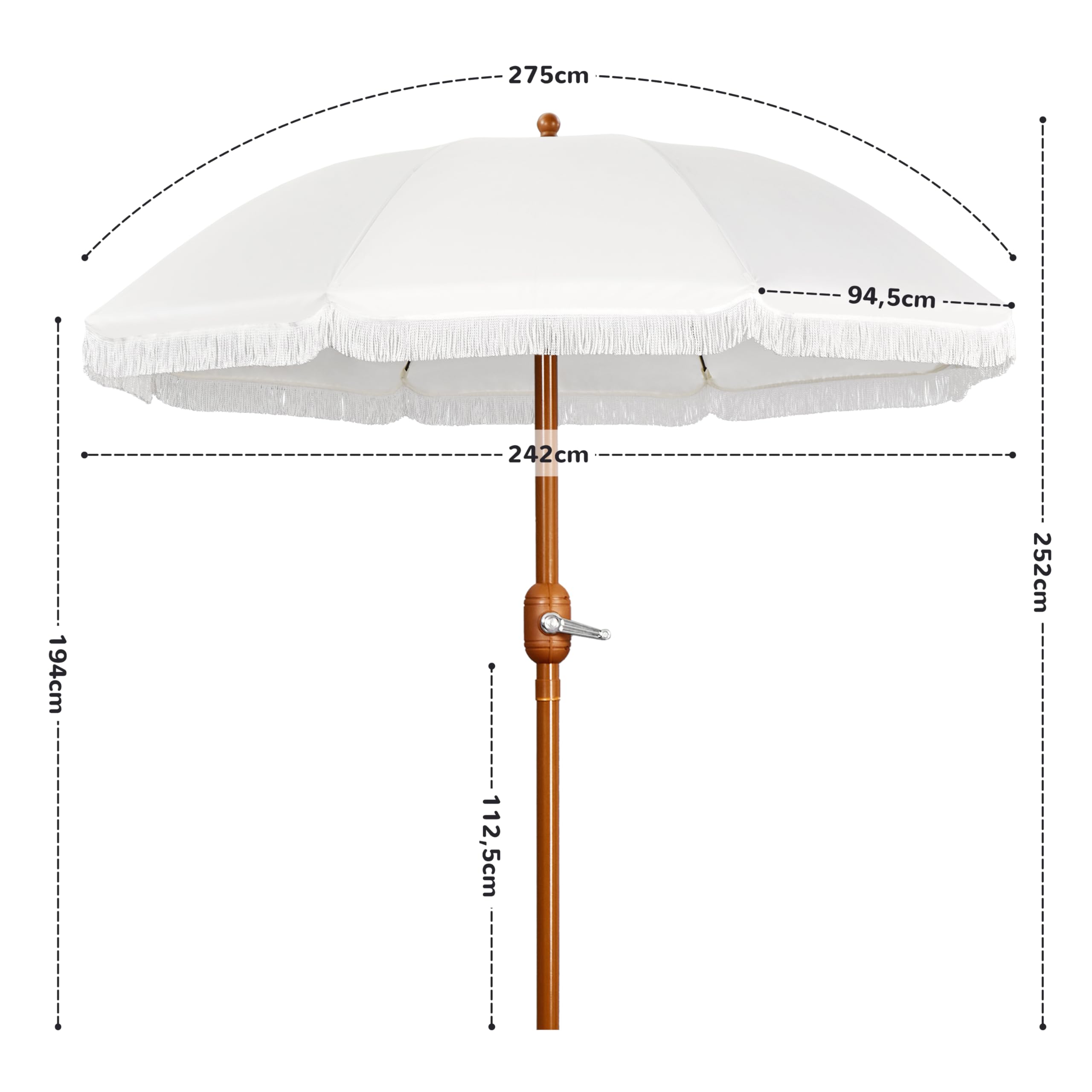 Yaheetech Gartenschirm mit Fransen, neigbar, Ø 235/275 cm, Sonnenschirm für den Außenbereich, rund, wasser-/UV-beständig, mit 8 Streben, Kurbel, Schutzhülle