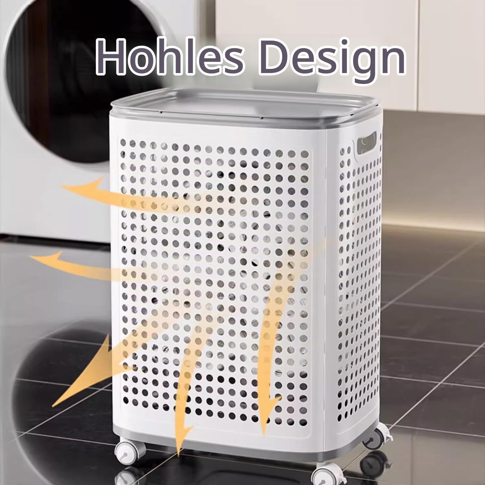 Wäschekorb mit Rollen und Deckel, Leicht zu Bewegen, Hohles Design, Große Kapazität, Wäschekorb Plastik, für Schlafzimmer, Bad, Schlafsaal, Waschküche(43 * 32 * 62CM)