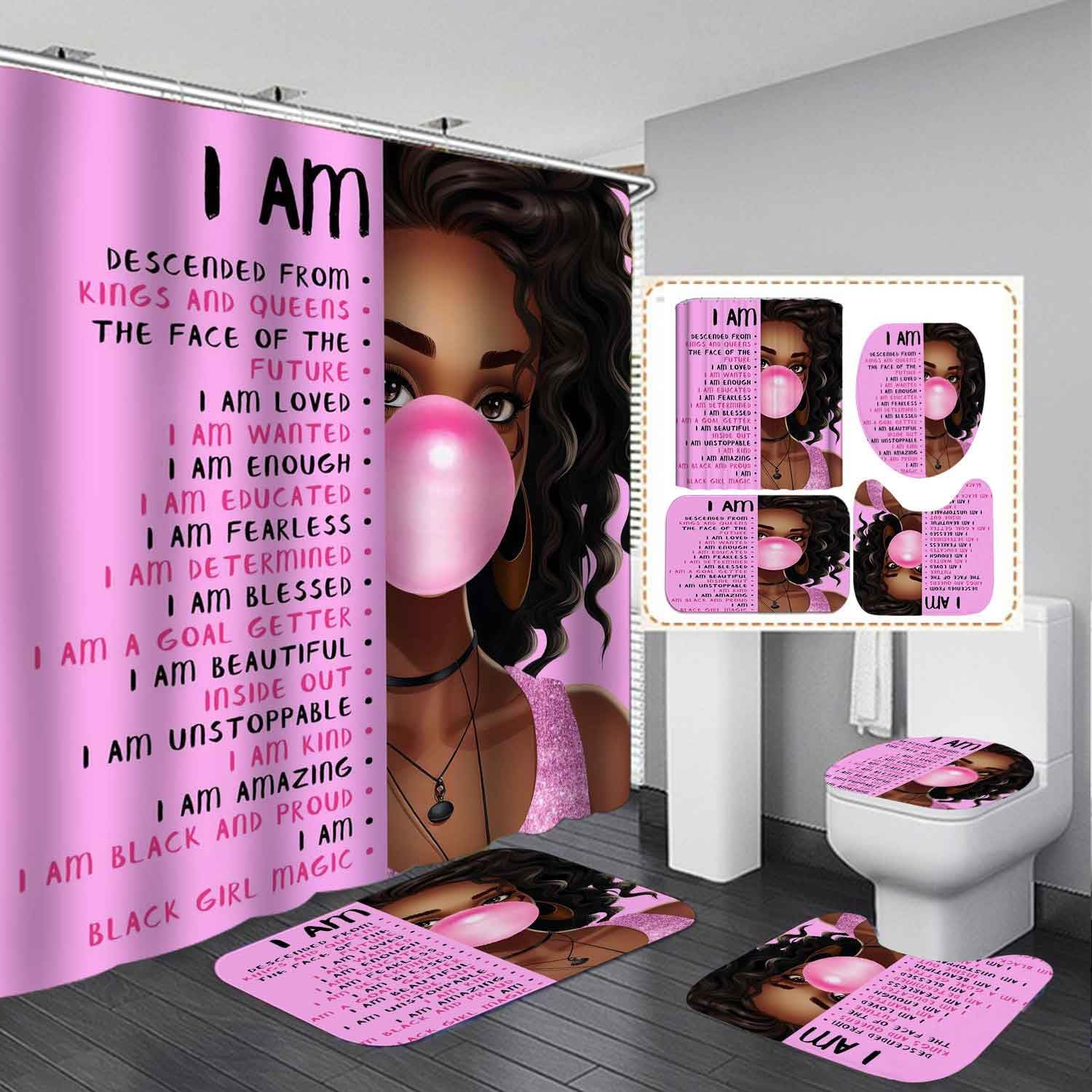 4PCS Inspirational Quotes African American Shower Curtain Sets with Rugs, Waterproof Fabric Pink Shower Curtain Cute Black Girl Magic Positive Motivational Word Afro Black Woman Bathroom Decor