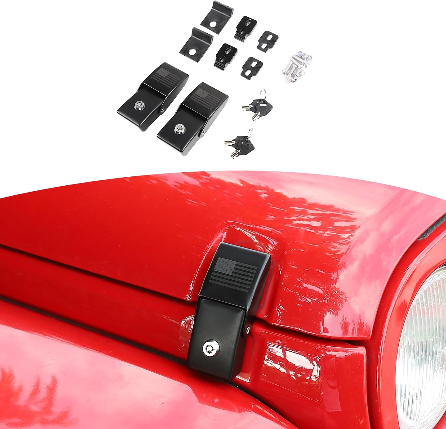 RT-TCZ for Wrangler Hood Latches Catch Kit with Key Lock for Jeep Wrangler JK JKU(2007-2017) JL JLU(2018+) for Gladiator JT(2020+) Black Exterior Accessories 2pcs (American Flag)
