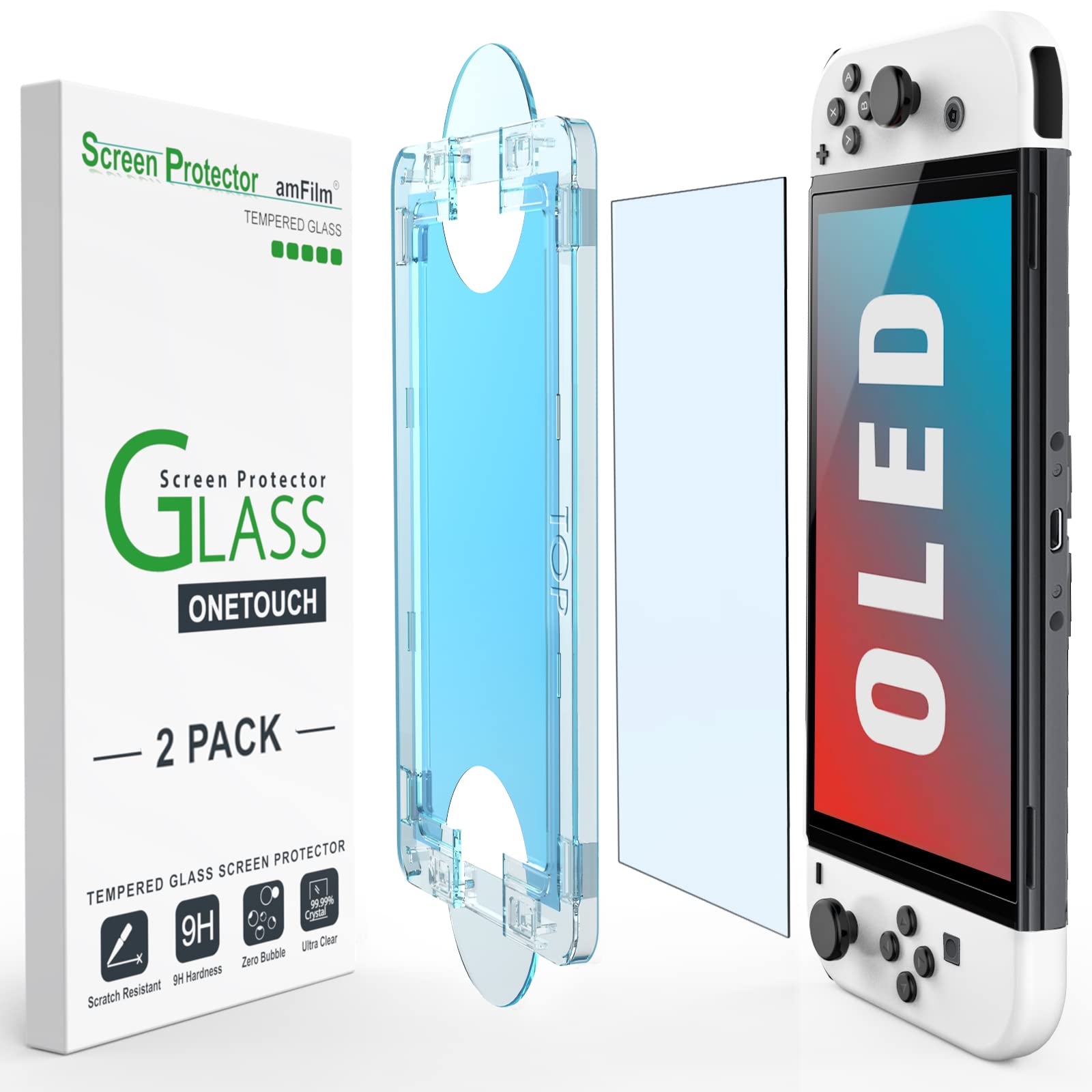 amFilm [2-Pack Onetouch Tempered Glass Full Screen Protector Guard Designed For Nintendo Switch OLED Model 2021 - With Auto Alignment Kit, Bubble Free