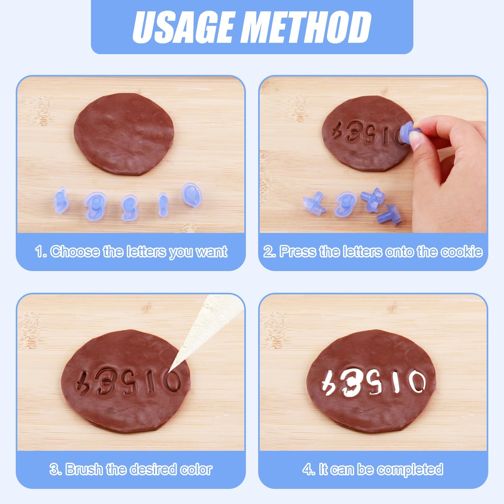 Stampini Lettere Biscotti Pasta Zucchero - Set 66 Pezzi, Numeri E Caratteri, Colore Blu