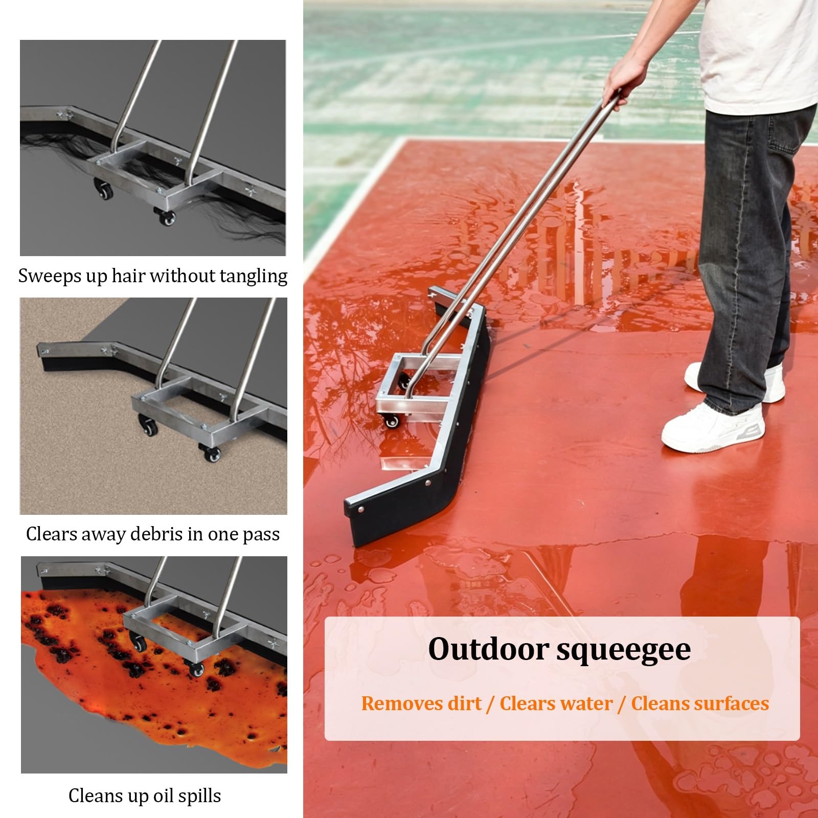 Escobilla de Goma con Ruedas para Pistas de Tenis, de Acero Inoxidable, con Hoja de EVA y Ruedas giratorias. Escobilla de Goma Resistente para Suelos de hormigón, Color Plata(135cm)