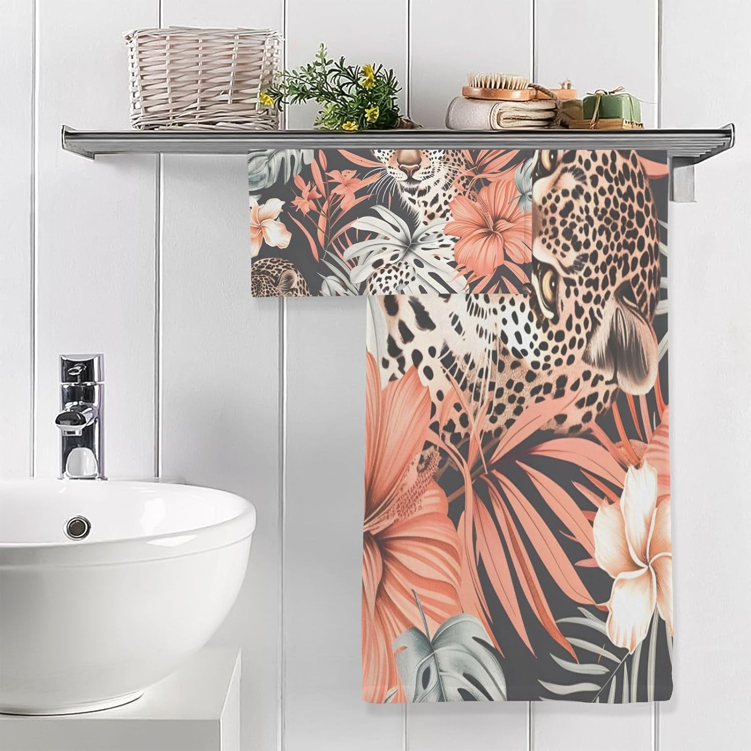 Hand Towels Premium Soft and Highly Absorbent Cute Leopards Flowers and Leaves 2 Pcs Towels for Bathroom Set 100% Cotton Decorative Face Towels