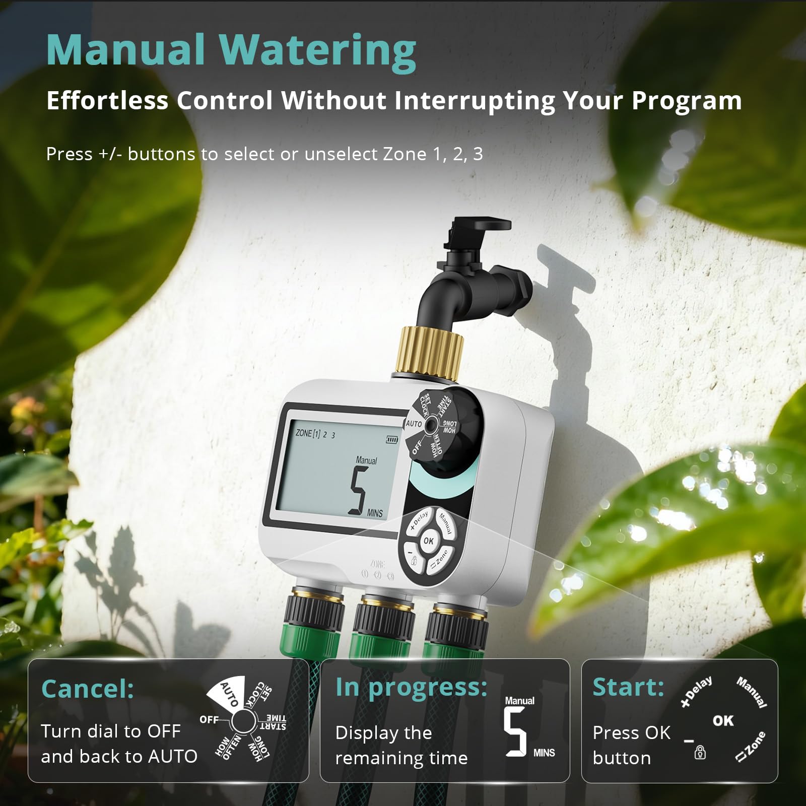QUOBAS Timer per irrigatore per tubo da giardino, programmabile in ottone, timer digitale dell'acqua con blocco bambini, ritardo pioggia/auto/manuale, 3 modalità, grande schermo impermeabile