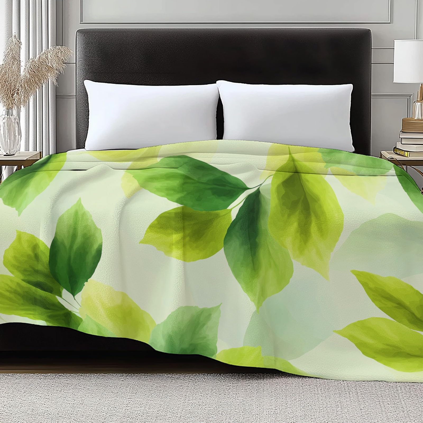 Générique Flanelowy koc akwarelowe zielone liście 180 x 200 cm koc polarowy, narzuta na sofę ciepły i miękki pluszowy zielony narzuta na łóżko na sofę krzesło kempingowe