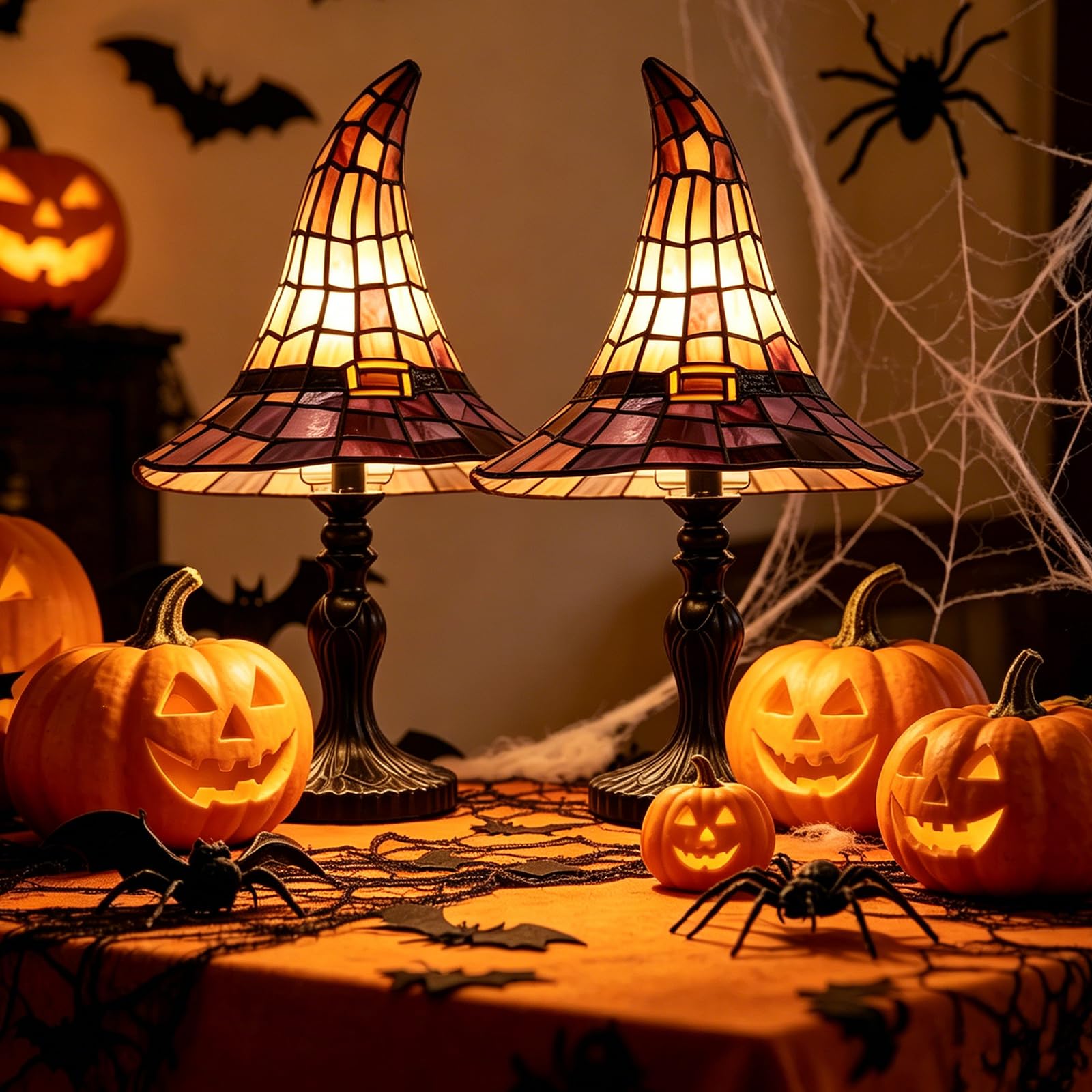 Kryilut Stained Glass Witch Hat Lamp, Handcrafted Retro Resin Witch Lamp, USB Powered Gothic Wizard Hats Night Light, Halloween Home Decor Accent Lamps for Bedroom & Bookshelf (2pcs)