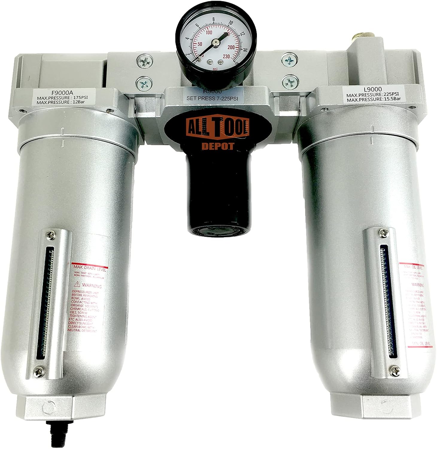 1" NPT SUPER DUTY Compressed Air In Line Filter Regulator Lubricator Oiler Combo, Metal Bowl, 5 Micron Element, Adjustable From 7 to 175 PSI (AUTO DRAIN)
