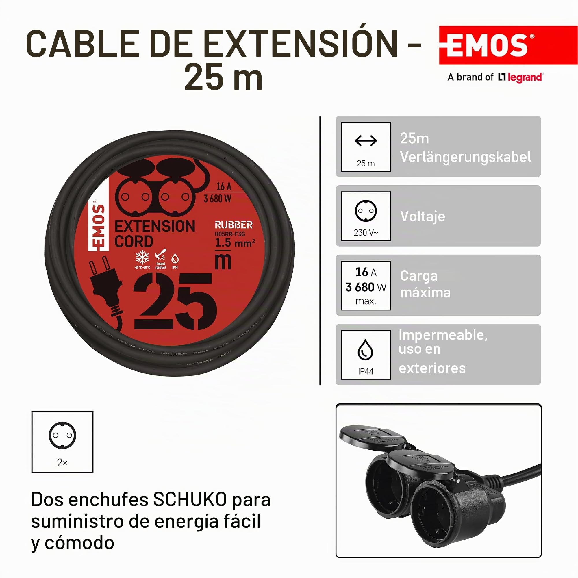 EMOS Cable alargador IP44 25 m, 2 Schuko, Resistente Agua, Golpes, frío, Calor, 230 V 16 A 3680 W, Goma H05RR-F3G 1.5 mm², Negro