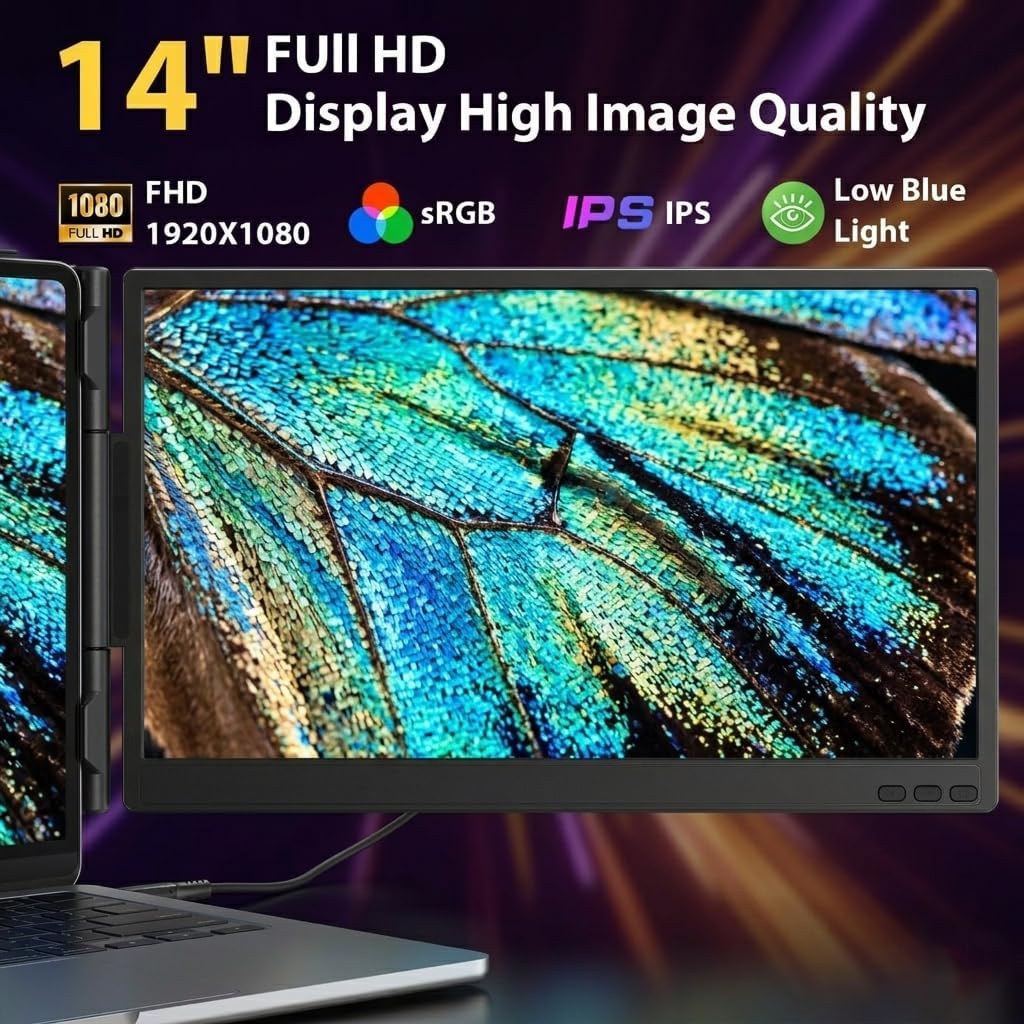 Leudaich Laptop Screen Extender, 14" FHD 1080P IPS Laptop Monitor Extender Dual Screen, Portable Monitor for Laptops 13-16" with USB-C/HDMI Port, Plug & Play for Windows/Mac/Android