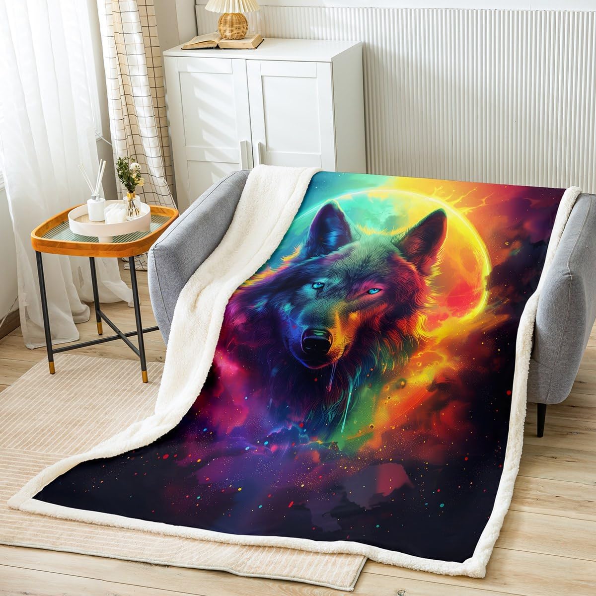 Exotic Wolf Blanket Rainbow Starry Sky 50"x60" Throw Blanket for Boys,Galaxy Fleece Blanket Glitter Moon Gothic Bed Blanket,Western Woodland Wild Animal Themed Room Decor for Sofa Couch Bed Chair