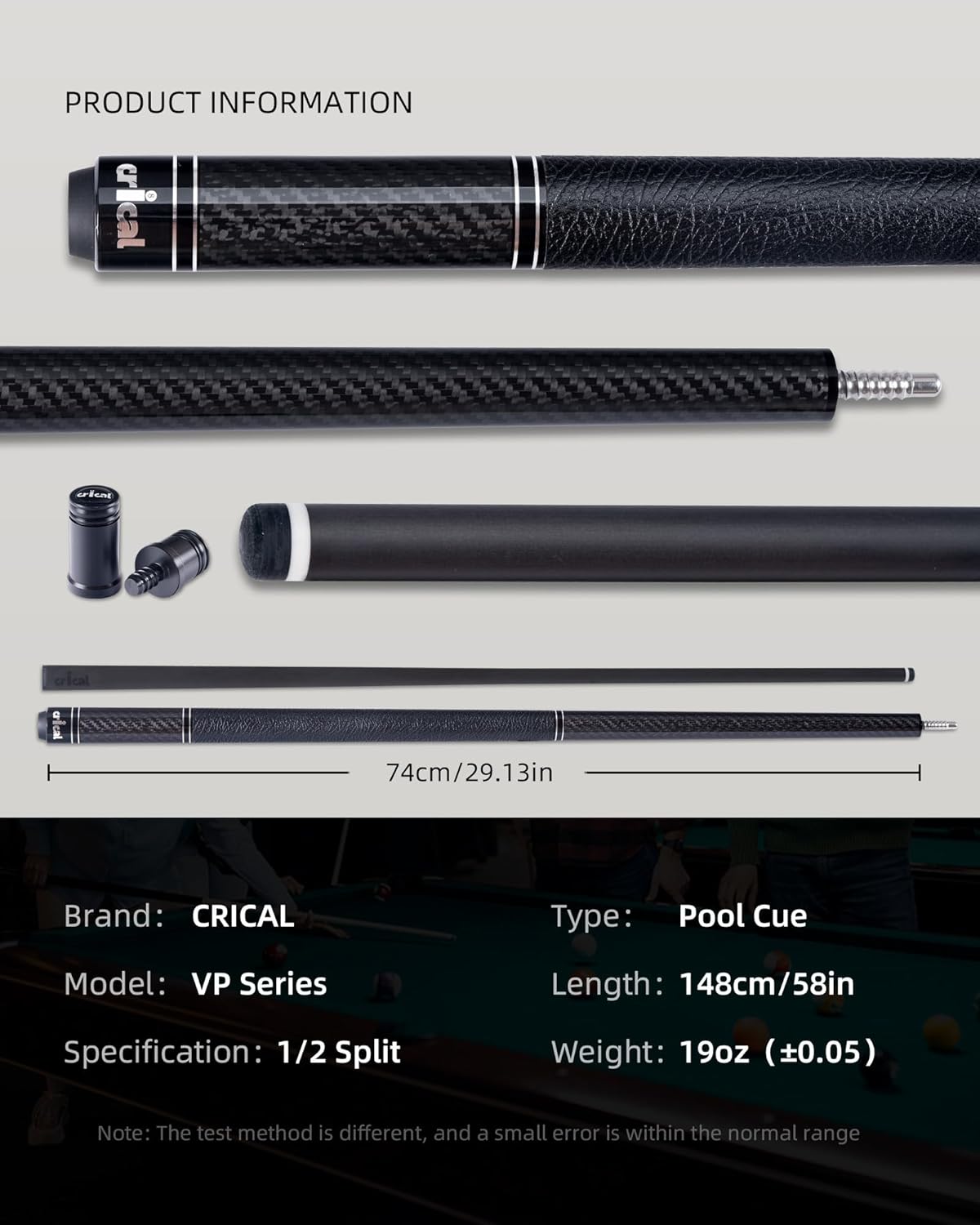 CRICAL Carbon Fiber Pool Cue with Stick Low Deflection Shaft - 58 Inch Billiard Cue Stick with Cowhide Grip & 3K Weave Design, 12.5mm Tip, Fixed Weight (19oz), 3/8x8 Joint – Ideal for Players
