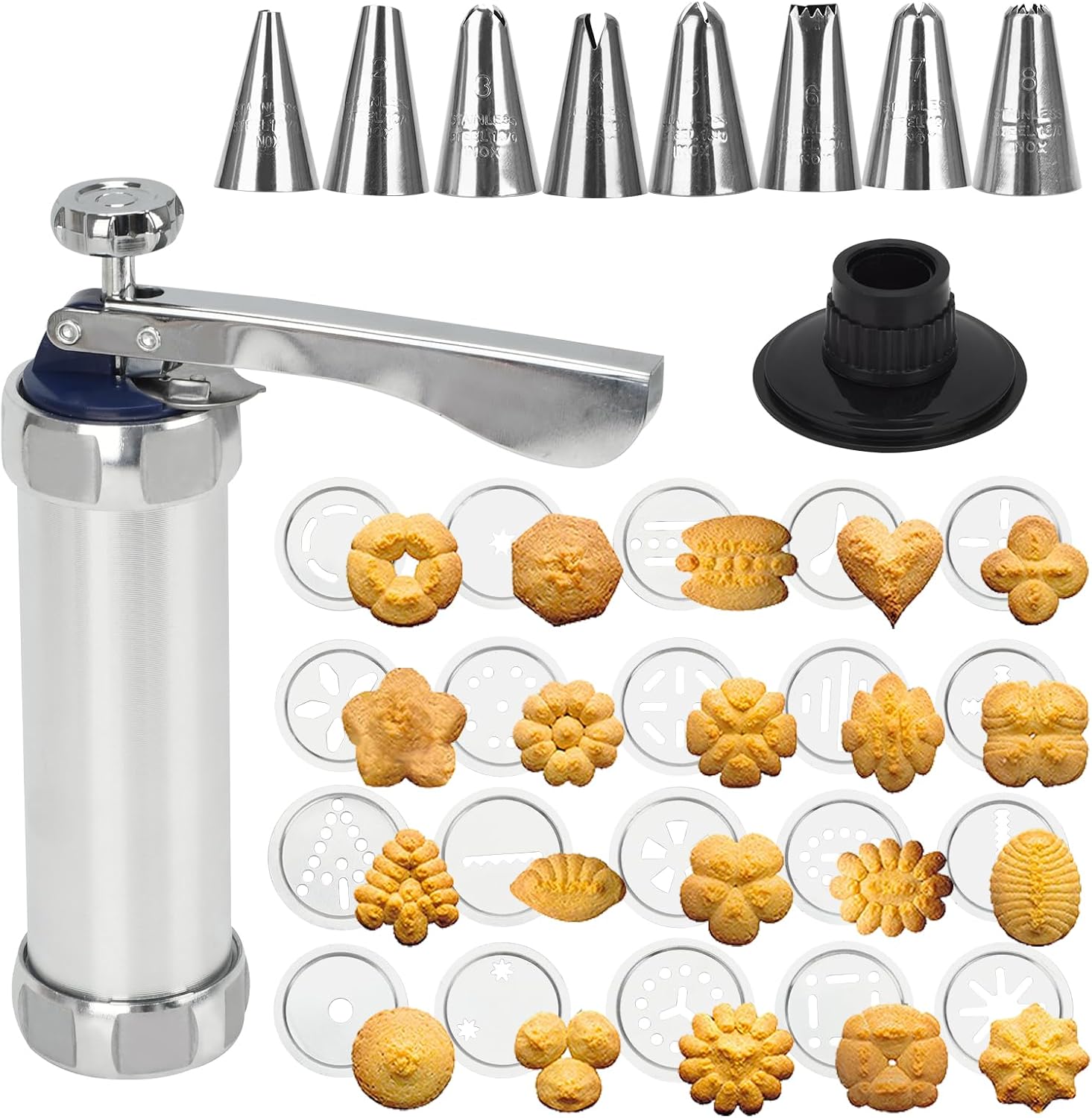 24-Piece Cookie Press Set, Stainless Steel Cookie Gun for Baking with 20 Patterns Discs - Non-Slip Handle Butter Cookie Maker Machine for Kids & Beginners, Silver
