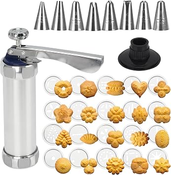 Stainless Steel Cookies Press, Cookies Press for Baking,Cookie Press Gun Kit with 20 Cookie Discs and 8 Piping Tips for DIY cake Maker Decorating Baking Supplies