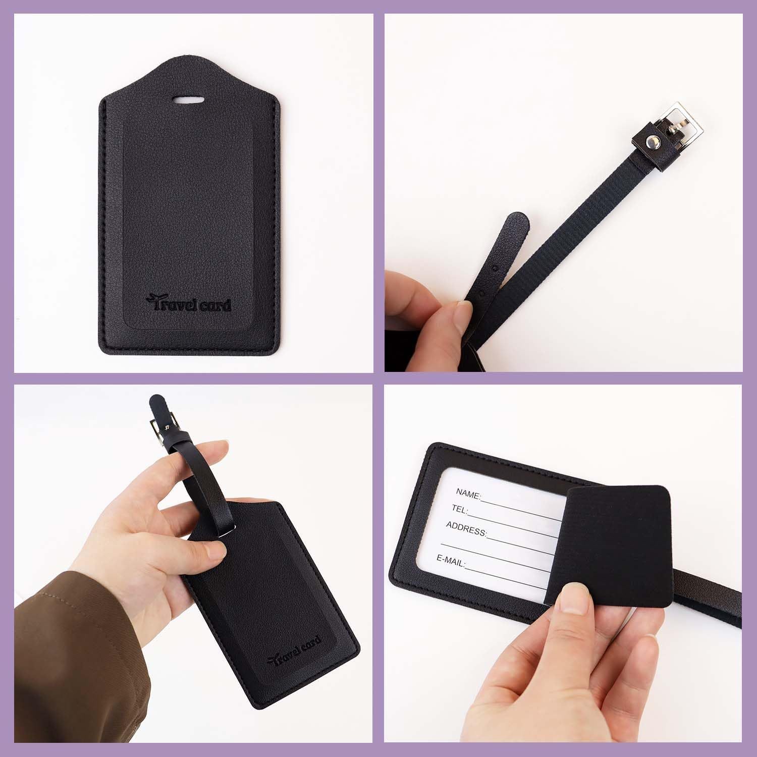 2 Pack Leather Luggage Tags Travel Luggage Name Tag Bag Tags Leather Suitcases Tags for Luggage Id Tags with Cover Privacy Protection Suitcase Labels Travel Accessories (Black & Purple) - Image 5