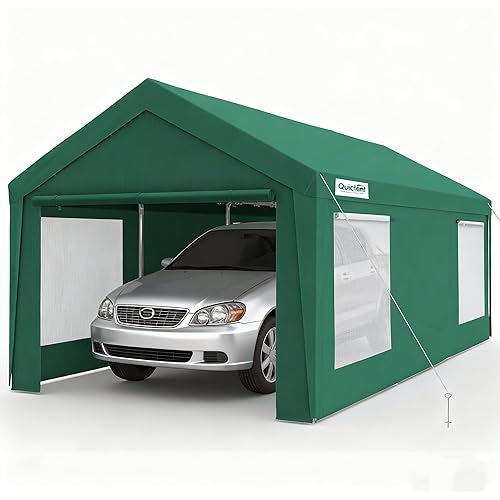 Quictent Upgraded 10x20 ft Heavy Duty Galvanized Carport - Reinforced Outdoor Garage Canopy Tent with Roll-up Ventilated Windows & Sidewalls, Weatherproof Shelter for Car, Boat, RV - Green