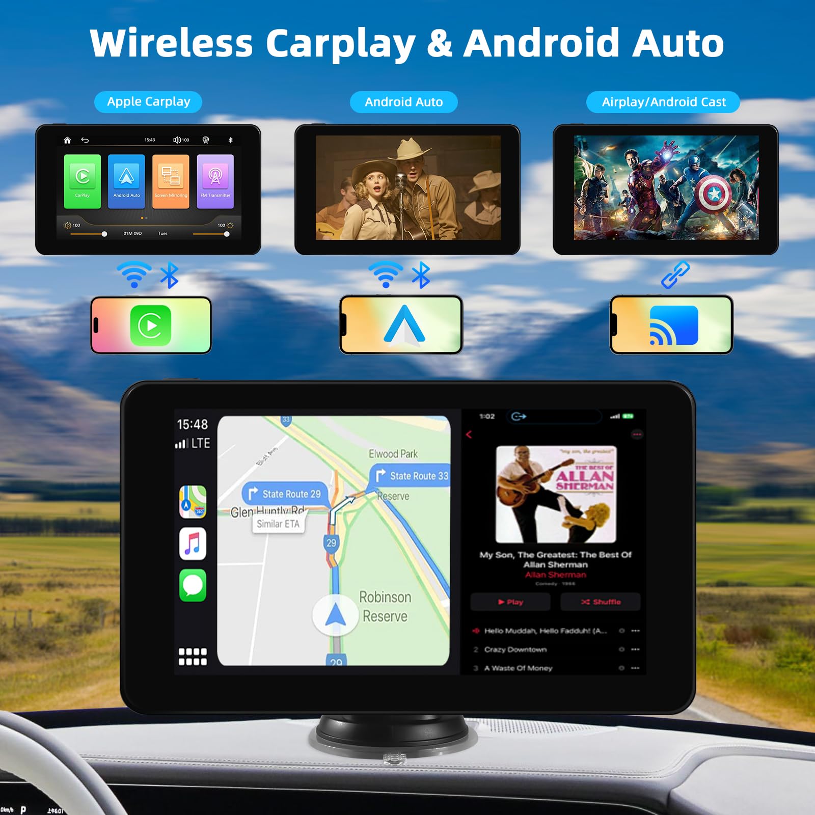 Carplay Voiture pour sans Fil Carplay & Android Auto, 7 Pouces Ecran Voiture, Drive Buddy Android Auto, Autoradio Portable avec Bluetooth, Mirrorlink, GPS Navigation, Assistant Vocal, FM, AUX