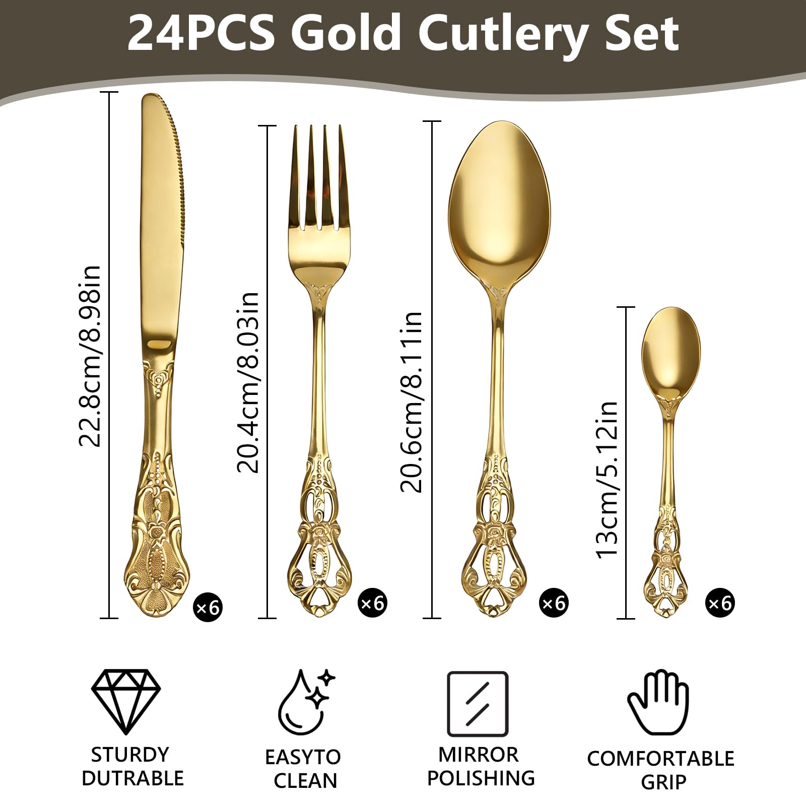 Juego de 24 cubiertos dorados de acero inoxidable – Cubiertos de plata para 6 personas con cuchillo, tenedor, cuchara, acabado espejo y apto para lavavajillas, patrón tallado