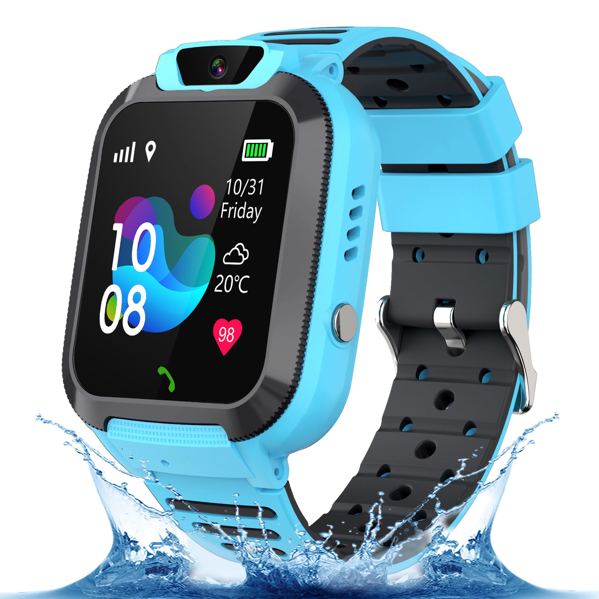 GPS Smart Watch Child, IP68 GPS Watch Children Locator and Calls, Smartwatch Child with SOS, Voice Chat, Phone, Class Mode, Games, 10 Contacts, Alarm Clock, Gift Watch Boys Girls 4-12 Years