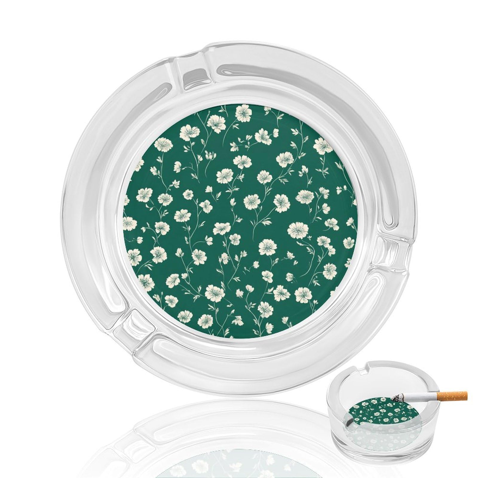 Tiny Small Flower on Green Pattern Glass Ashtray for Cigarettes Portable Decorative Ash Trays for Home Office Decor
