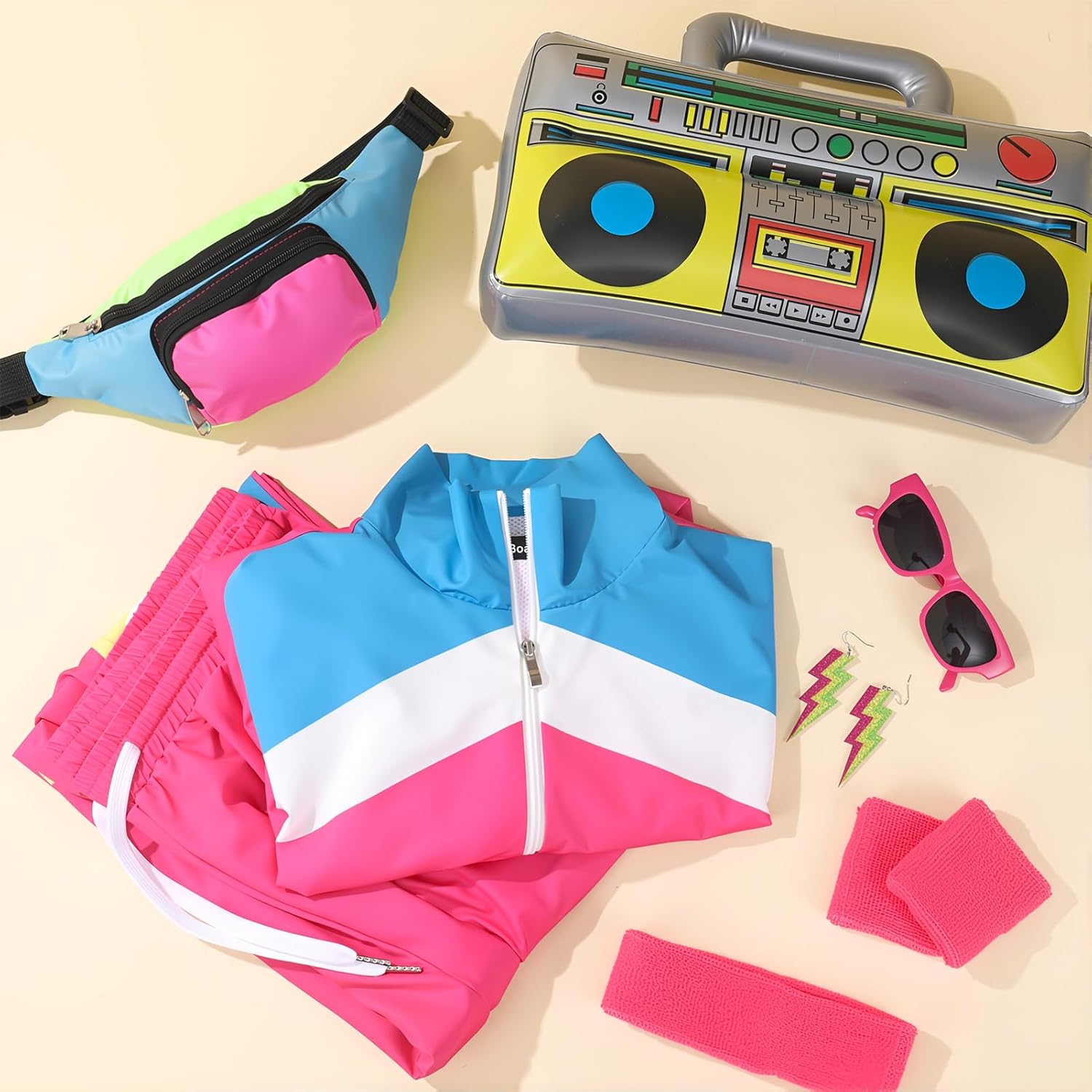 80s Outfit for Women 80s 90s Tracksuit Costume Set Color Block 3D Digital Printed Sportswear Windbreaker Outfits Waistbag