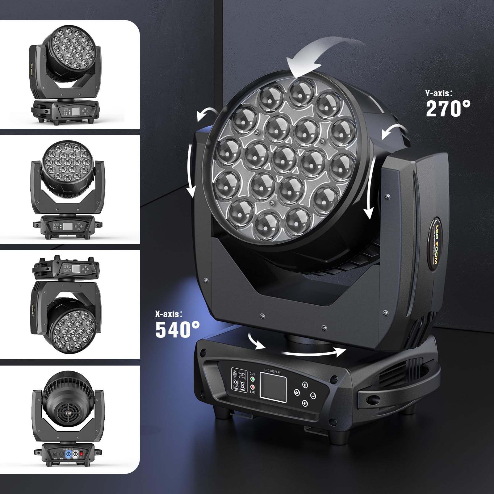 19 X 15W Wash Zoom Teste Mobili, RGBW 4 in 1 LED Fuoco Fascio Luce 4 Modalità di Controllo Professionale Palcoscenico Moving Head per Partito KTV Concerto Bar Festival Matrimonio Discoteca