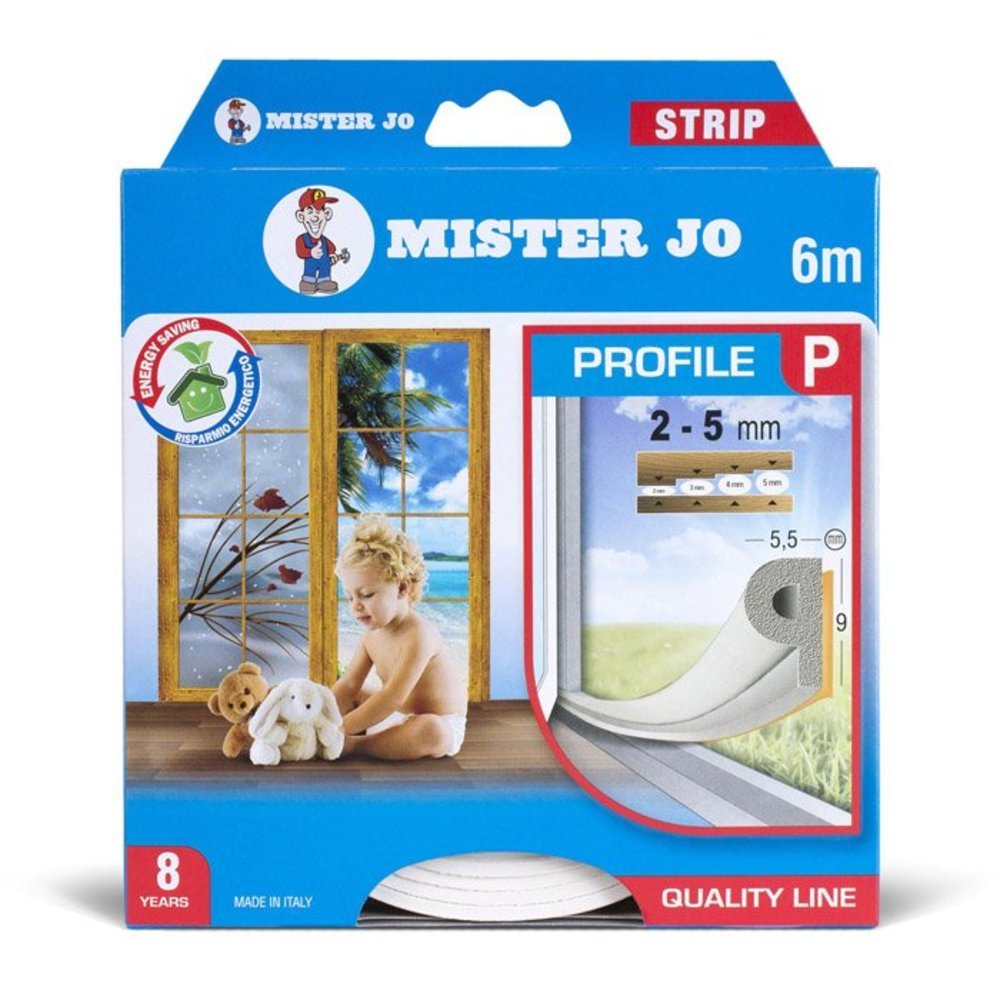 Geko 940002, Guarnizione autoadesiva in gomma per porte e finestre, Profilo a P, L: 6 m, L x A: 9 x 5,​5 mm, durata massima: 8 anni, Bianco (bianco)