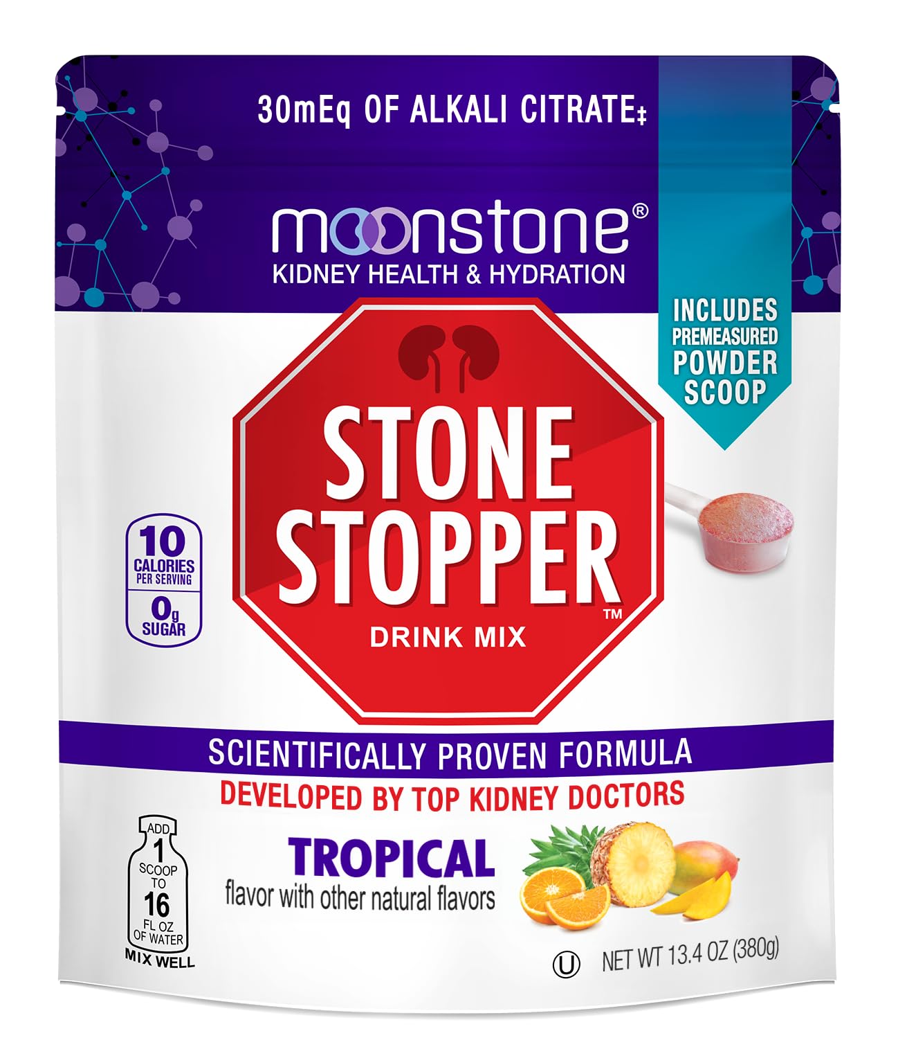 Stone Stopper Drink Mix, Tropical, Kidney Stone Prevention, Calcium Oxalate Protector, Alkali Citrate Support, Developed by Urologists to Improve Hydration and Support Kidney Health, 30 Day Supply