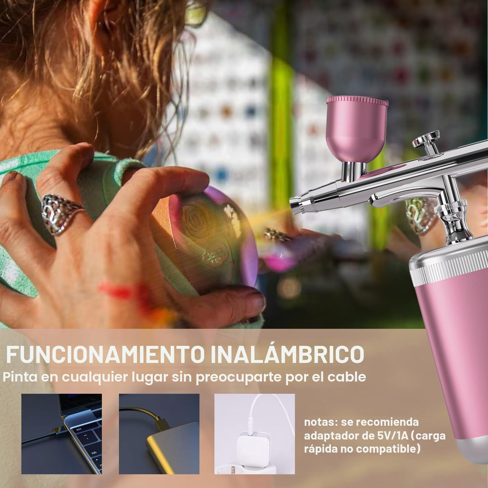 Kit de Aerógrafo Sin Cable Rosa - Pistola de Pintura Portátil，Aerógrafo eléctrico Recargable con Boquilla 0,3/0,5mm, 3 presiones Ajustables para Nail Art, modelismo, decoración Pasteles