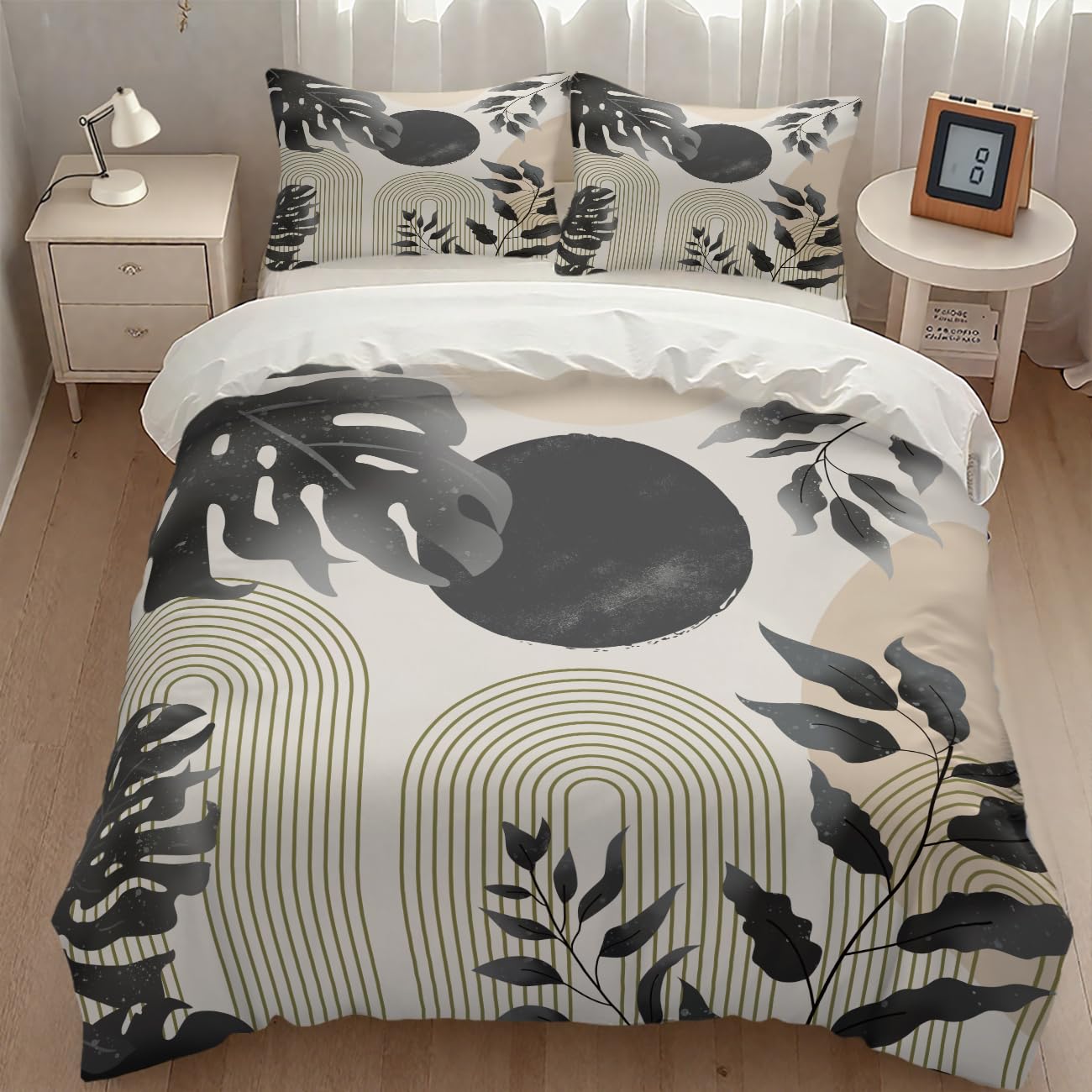 Mid Century Leaf Bedding Set,Boho Grey Tropical Plant Palm Leaves Abstract Minimalist Geometic Modern Comforter Set with Pillowcase for Bedroom Bed Decor,Full 79"x90"
