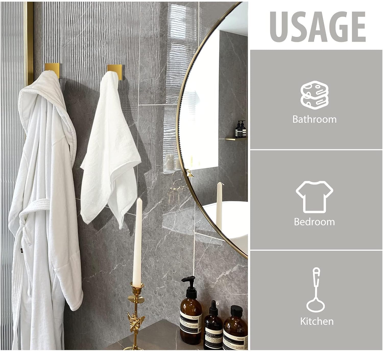 Generic Double Tower Hooks for Bathroom, Square Wall Mount Stainless Steel Heavy Duty Door Hanger, 1*Double Towel Hook + 2* Towel Hooks Set(Gold)