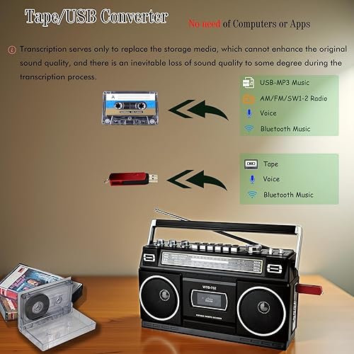 Miniatura 6 de Boombox portátil estilo retro clásico de los años 80 con grabadora de cassette, radio AMFMSW1SW2, Bluetooth, ranuras USBMicro SD, conector para