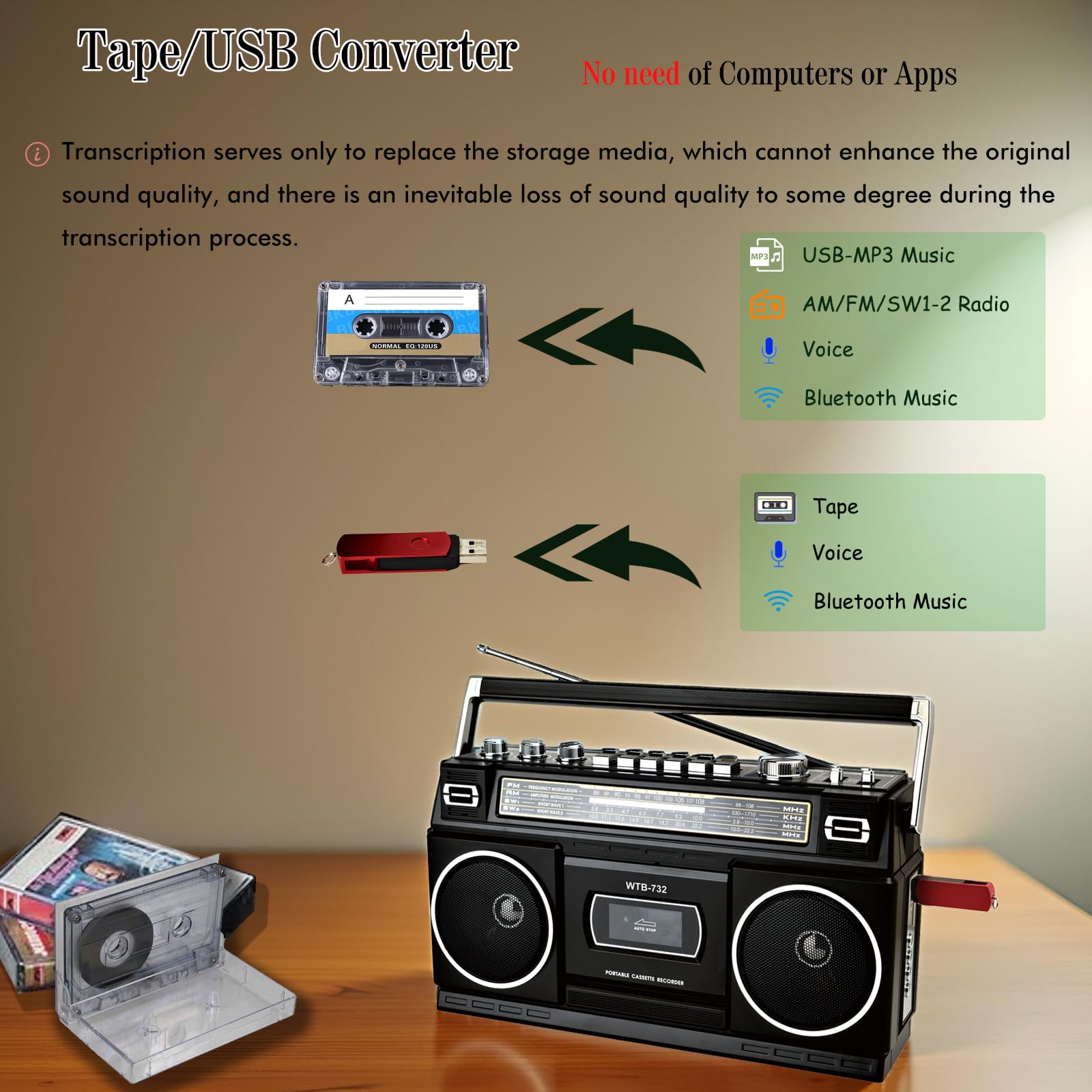 Kaset Oynatıcılı Retro Bluetooth Boombox - Güçlü 24 W Bas Stereo