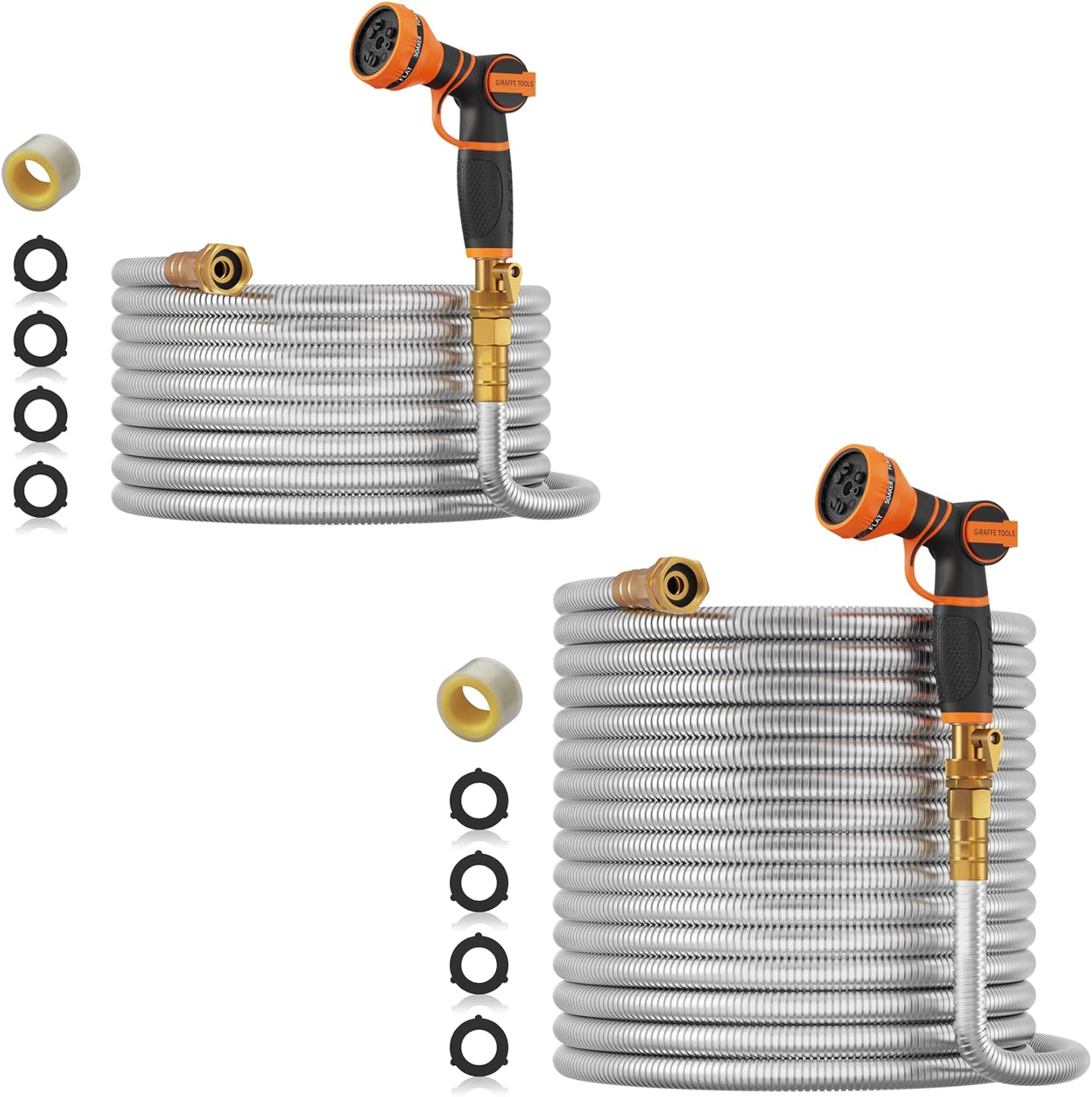Giraffe Tools Garden Hose 100ft x 5/8", 304 Stainless Steel Metal Water Hose and Garden Hose 50ft x 5/8", No Kink Garden Water Hose with Aluminum Fittings