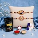 DeoDap Designer Rakhi Set of 2 for Brother – Leaf & Round Design with Choco Magic Chocolate 40gm, Pooja Coin, Roli Chawal & Card | Rakhi with Chocolate Combo for Raksha Bandhan gallery image