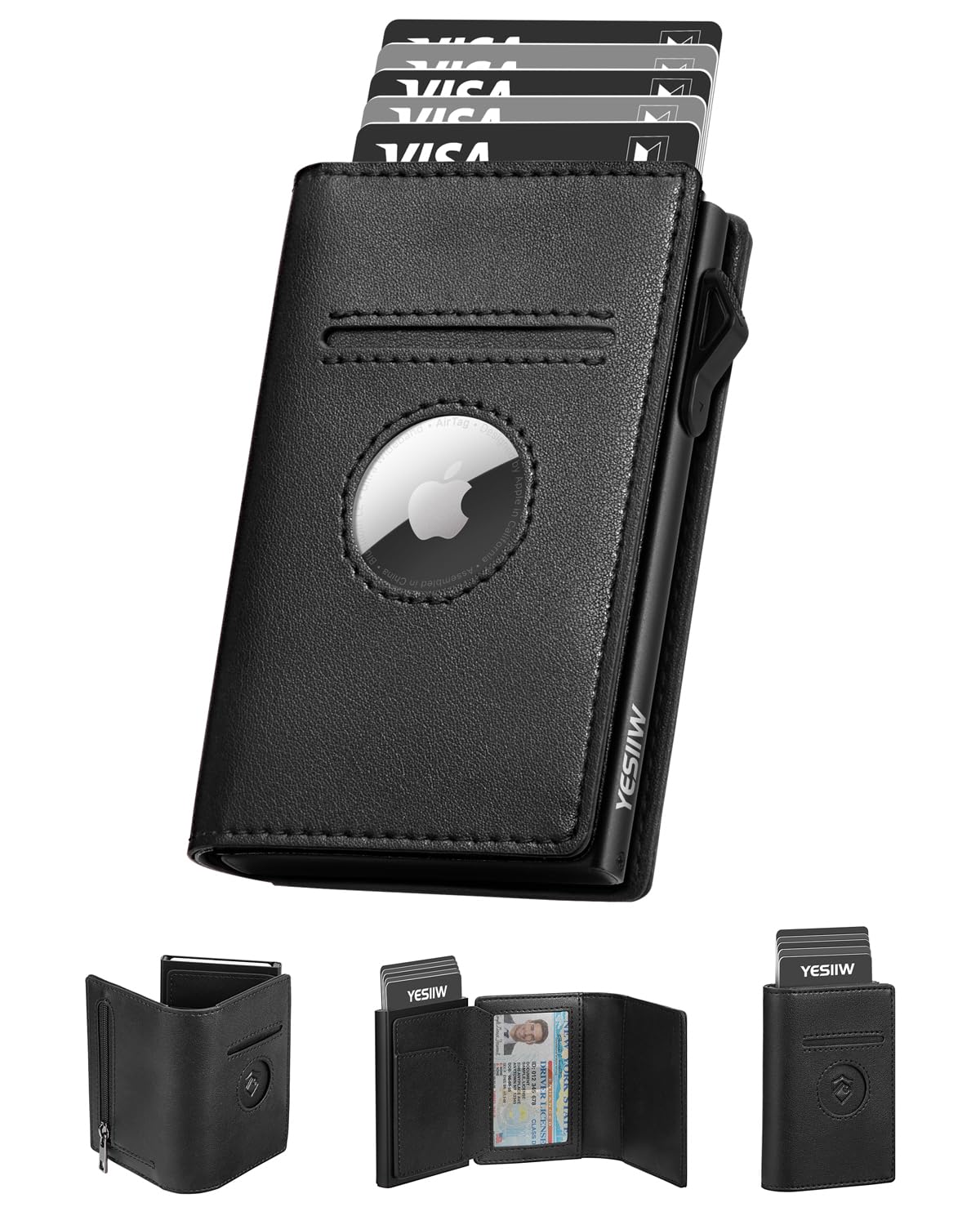 YESIIW Portafoglio Airtag per Apple Air Tag, Portafoglio Uomo con Blocco RFID Pop-up Porta Carte di Credito Uomo per 10 Cartes Portacarte Slim con Portamonete,(Nero)