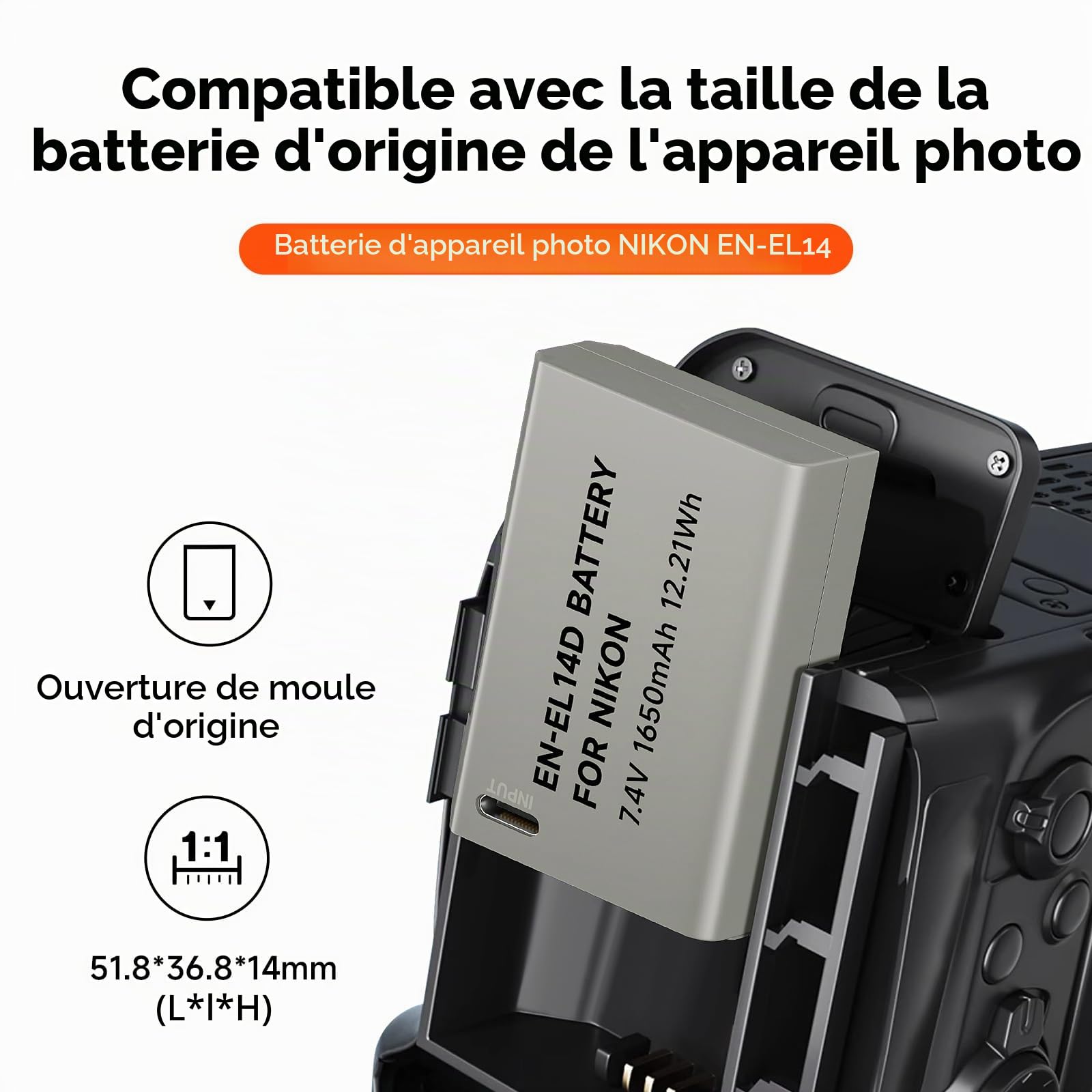 1650mAh ENEL14 Batterie de Rechange avec Câble de Charge USB-C pour Nikon D5600, D5100, D5200, D5300, D5500, D3100, D3200, D3300, D3400, D3500, P7000, P7100, P7200, P7700, P7800, DF (2Pcs)