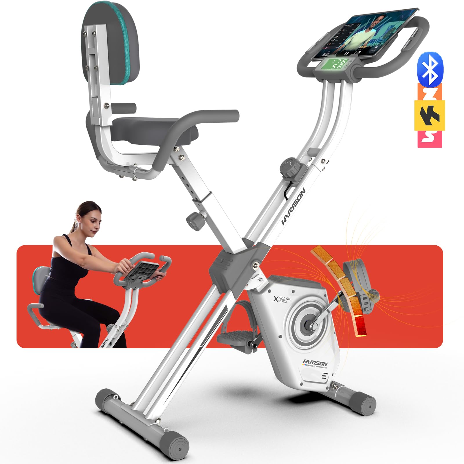 HARISON Folding Exercise Bike 350 LBS Capacity, 5 in 1 Bluetooth Stationary Bikes for Home with 16-Level Resistance and Arm Resistance Bands, Magnetic X-Bike with LCD Monitor & Back Support