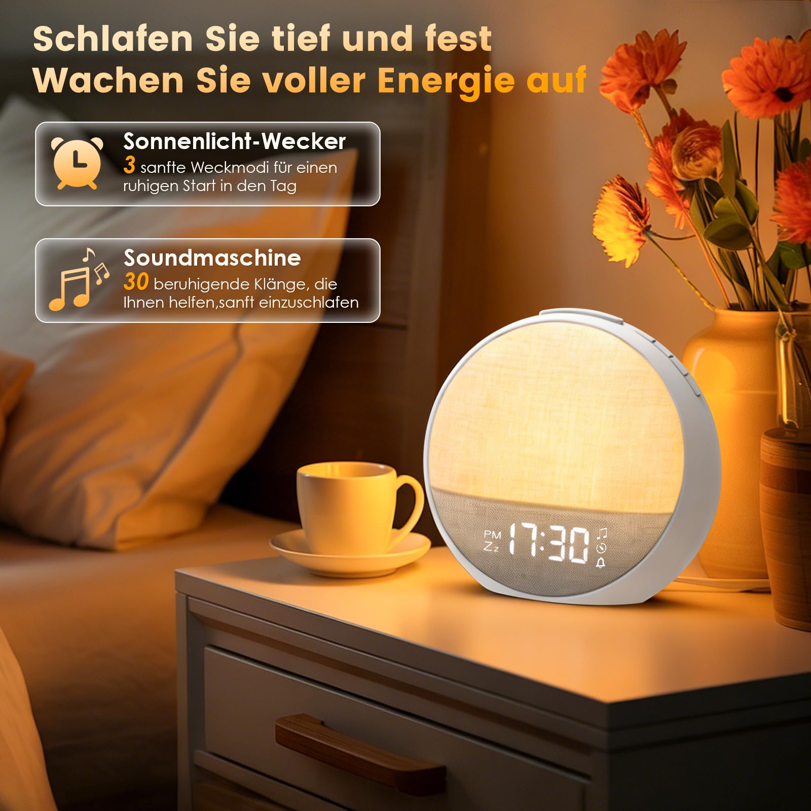 Tageslichtwecker Lichtwecker, Sonnenaufgang Wecker mit Wake Up Light, 11 Lichtfarben, 30 Beruhigenden Klängen, 7 Alarmtönen, 10 Helligkeitsstufen, Bluetoothfunktion & Snooze für Schlafzimmer