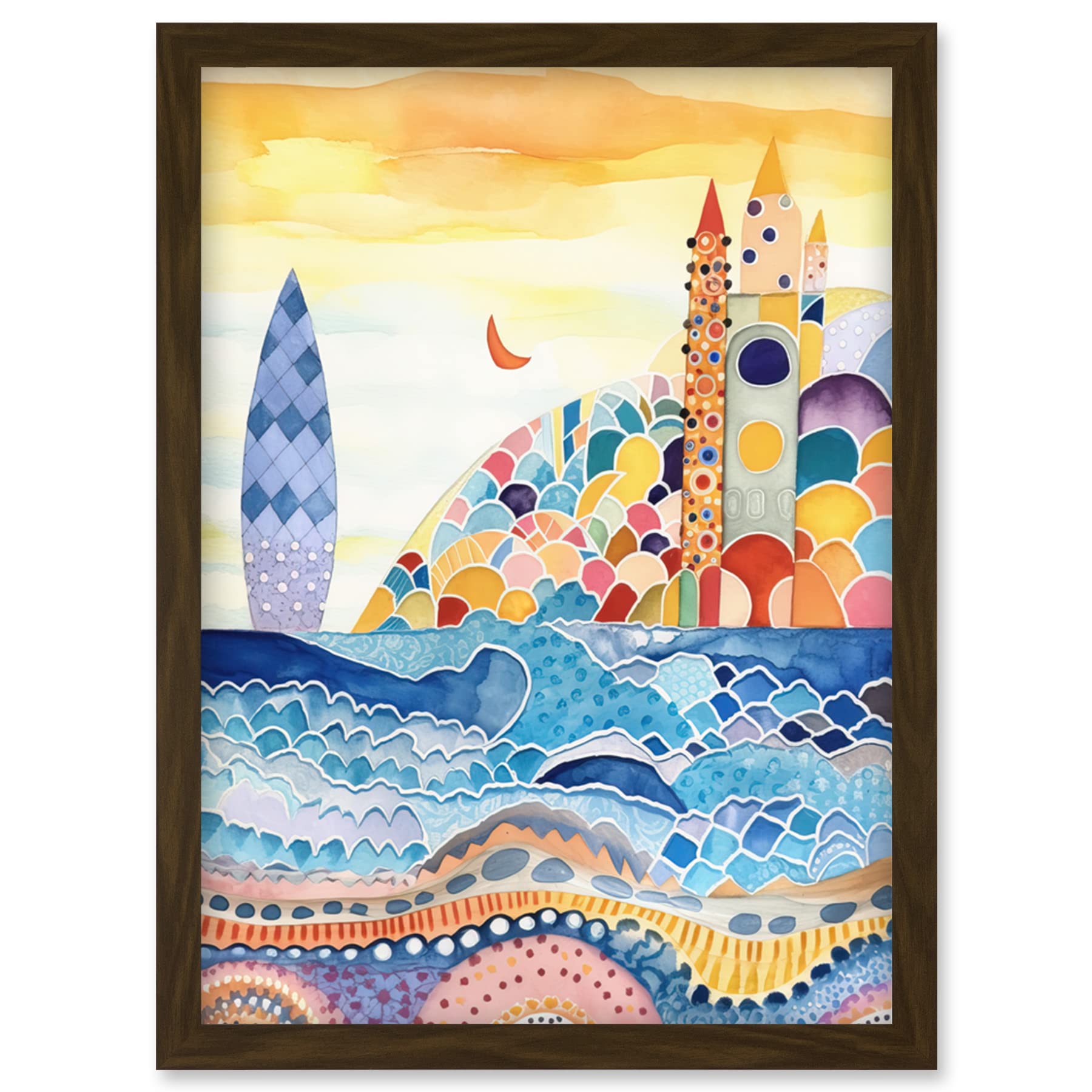 Artery8 Abstract Seascape Waves On Beach Folk Art Bathroom Artwork Framed Wall Art Print A4