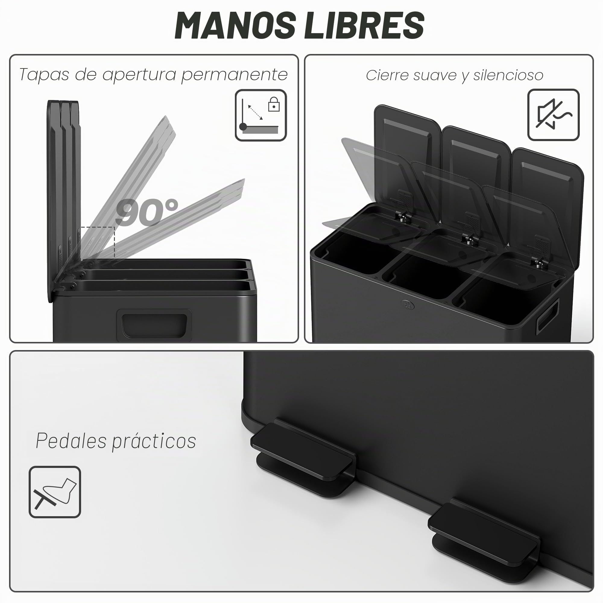 HOMCOM Triple cubo de cocina 3x15L Pedal Acero inoxidable Negro | Tres compartimentos, cubos interiores extraíbles, cierre suave, a prueba de huellas, para reciclaje y residuos