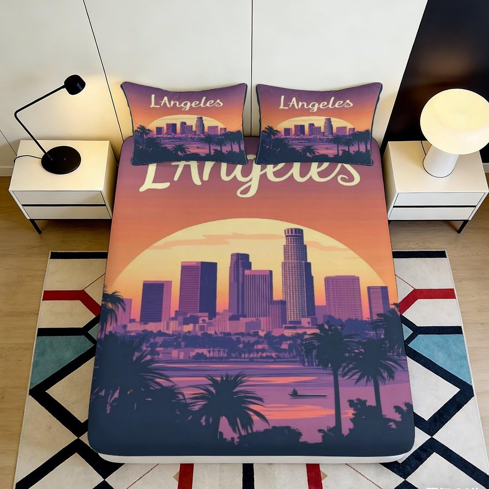 3D Printed Sunset Skyline Fitted Sheet Microfiber Soft Breathable Cityscape Bed Cover for Bedroom Dorm Decor 90x200x25cm
