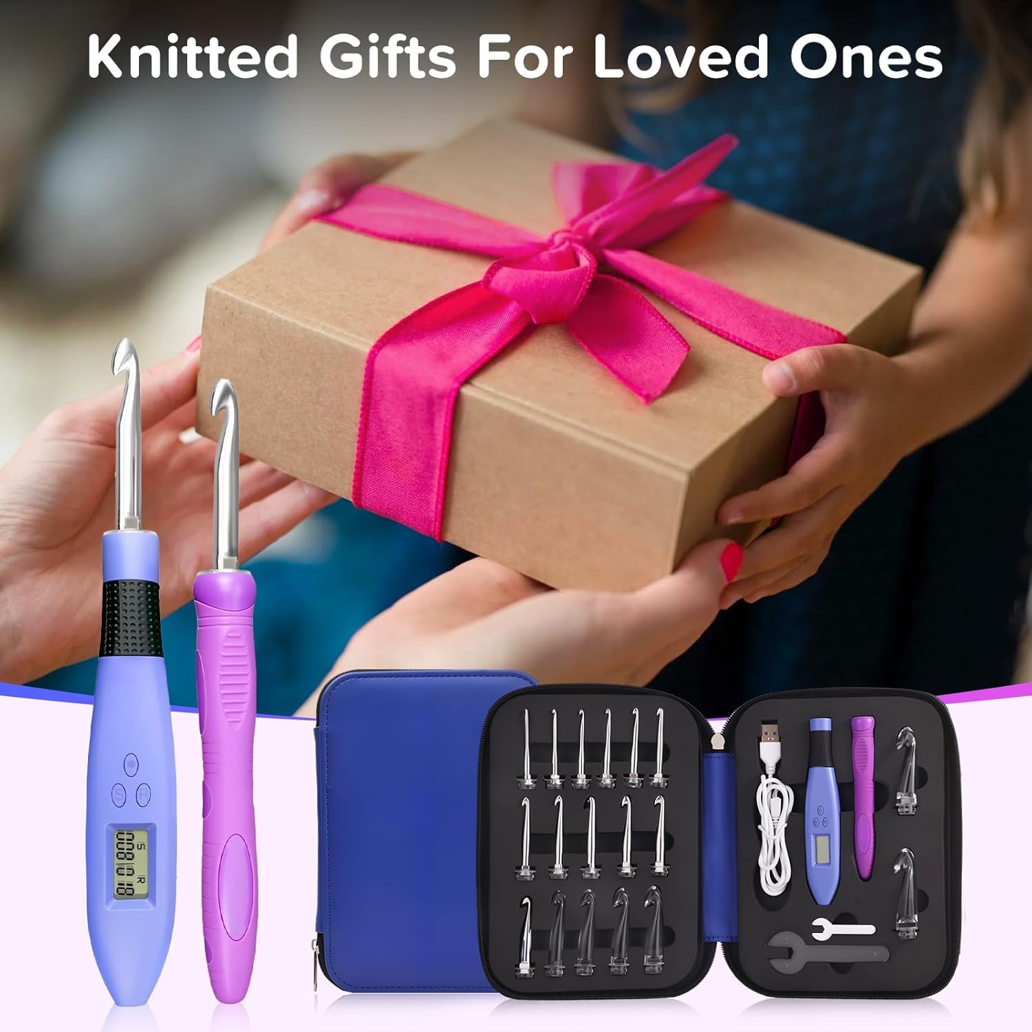 Zcvtbye Juego de agujas de ganchillo digitales, ergonómicas con 18 kits de ganchillo intercambiables, ganchos de ganchillo iluminados con 2 niveles LED, kit de punto para principiantes para contador